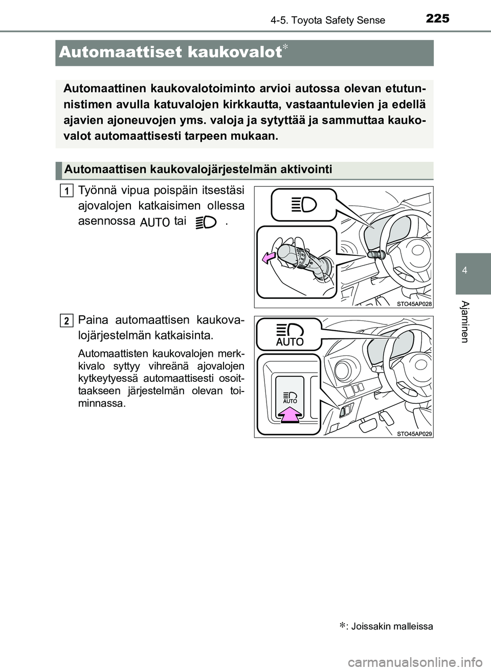 TOYOTA YARIS 2017  Omistajan Käsikirja (in Finnish) 225
4
4-5. Toyota Safety Sense
Ajaminen
OM52J20FI
Automaattiset kaukovalot∗
Työnnä vipua poispäin itsestäsi
ajovalojen katkaisimen ollessa
asennossa  tai  .
Paina automaattisen kaukova-
lojärje