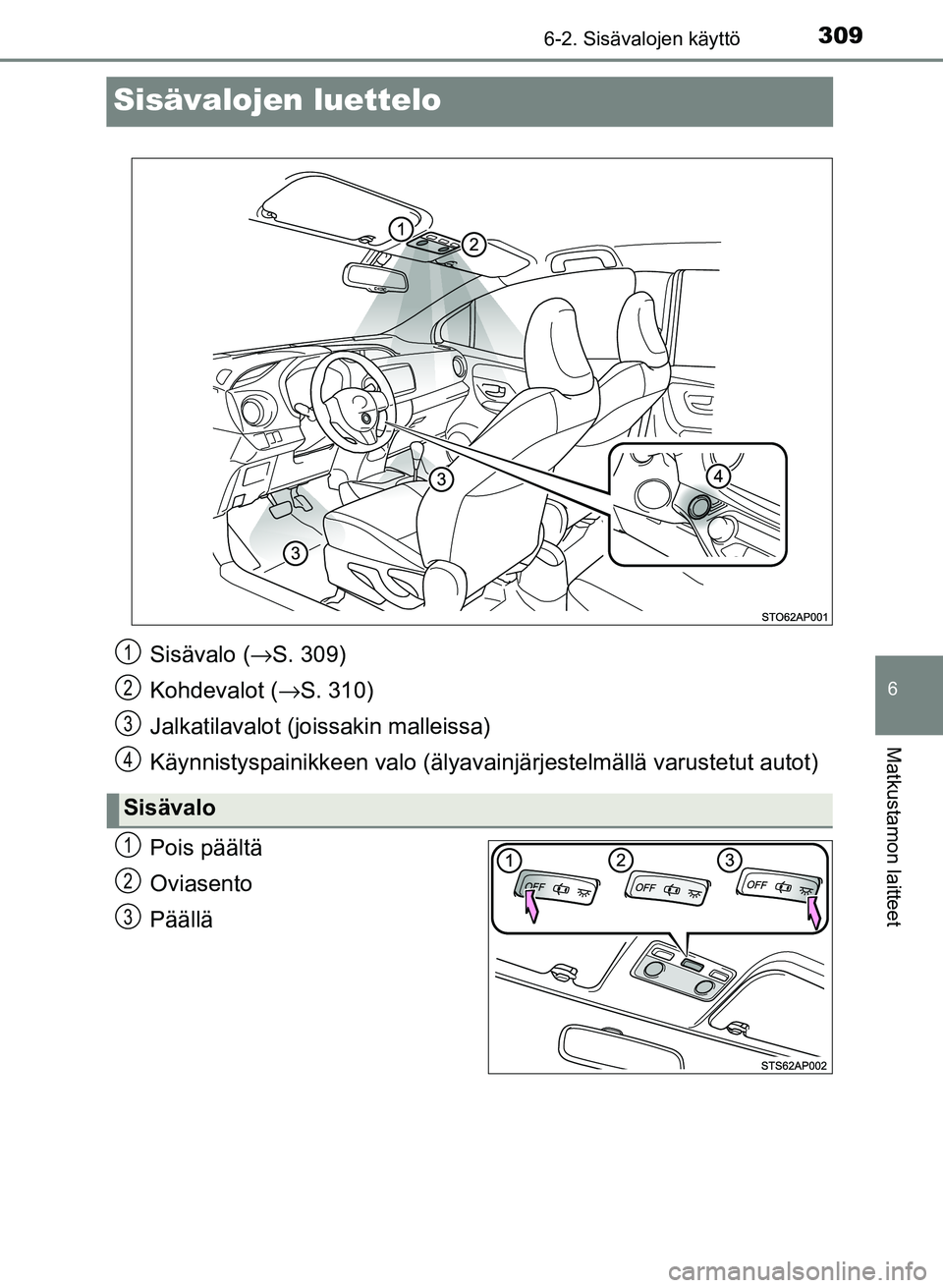 TOYOTA YARIS 2017  Omistajan Käsikirja (in Finnish) 3096-2. Sisävalojen käyttö
6
Matkustamon laitteet
OM52J20FI
Sisävalojen luettelo
Pois päältä
Oviasento
Päällä
Sisävalo (→S. 309)
Kohdevalot ( →S. 310)
Jalkatilavalot (joi ssakin malleis