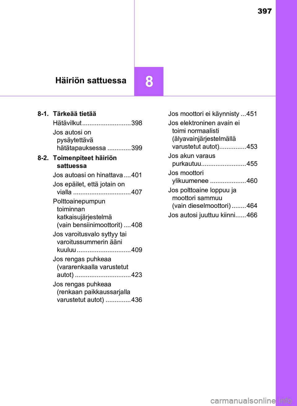 TOYOTA YARIS 2017  Omistajan Käsikirja (in Finnish) 397
8Häiriön sattuessa
OM52J20FI8-1. Tärkeää tietää
Hätävilkut ........................... 398
Jos autosi on pysäytettävä 
hätätapauksessa ............. 399
8-2. Toimenpiteet häiriön  