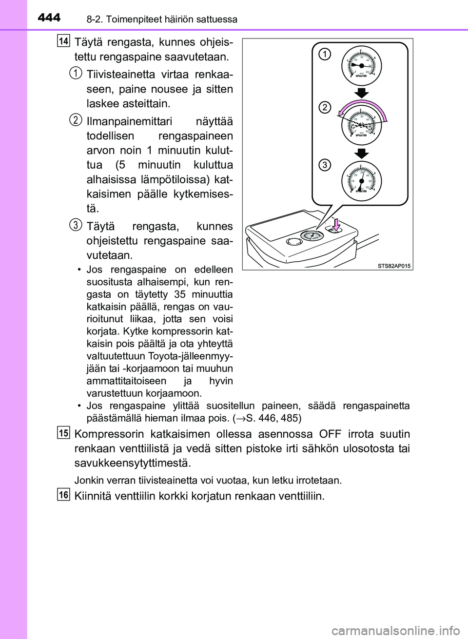 TOYOTA YARIS 2017  Omistajan Käsikirja (in Finnish) 4448-2. Toimenpiteet häiriön sattuessa
OM52J20FI
Täytä rengasta, kunnes ohjeis-
tettu rengaspaine saavutetaan.Tiivisteainetta virtaa renkaa-
seen, paine nousee ja sitten
laskee asteittain.
Ilmanpa