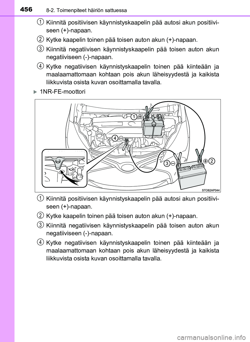 TOYOTA YARIS 2017  Omistajan Käsikirja (in Finnish) 4568-2. Toimenpiteet häiriön sattuessa
OM52J20FI
Kiinnitä positiivisen käynnistyskaapelin pää autosi akun positiivi-
seen (+)-napaan.
Kytke kaapelin toinen pää toisen auton akun (+)-napaan.
Ki