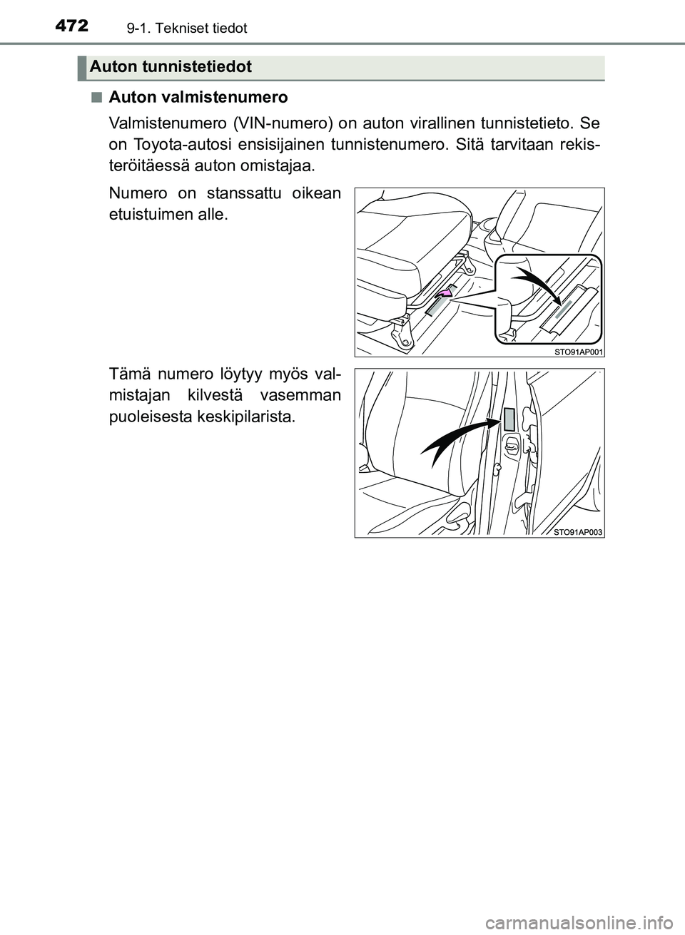 TOYOTA YARIS 2017  Omistajan Käsikirja (in Finnish) 4729-1. Tekniset tiedot
OM52J20FIn
Auton valmistenumero
Valmistenumero (VIN-numero) on auton virallinen tunnistetieto. Se
on Toyota-autosi ensisijainen tunn
istenumero. Sitä tarvitaan rekis-
teröit