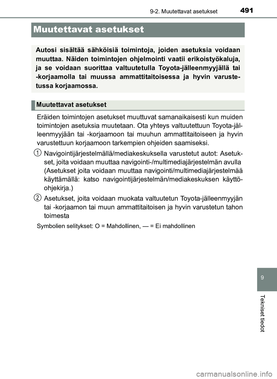 TOYOTA YARIS 2017  Omistajan Käsikirja (in Finnish) 4919-2. Muutettavat asetukset
9
Tekniset tiedot
OM52J20FI
Muutettavat asetukset
Eräiden toimintojen asetukset muuttuvat samanaikaisesti kun muiden
toimintojen asetuksia muutetaan. Ota yhteys valtuute