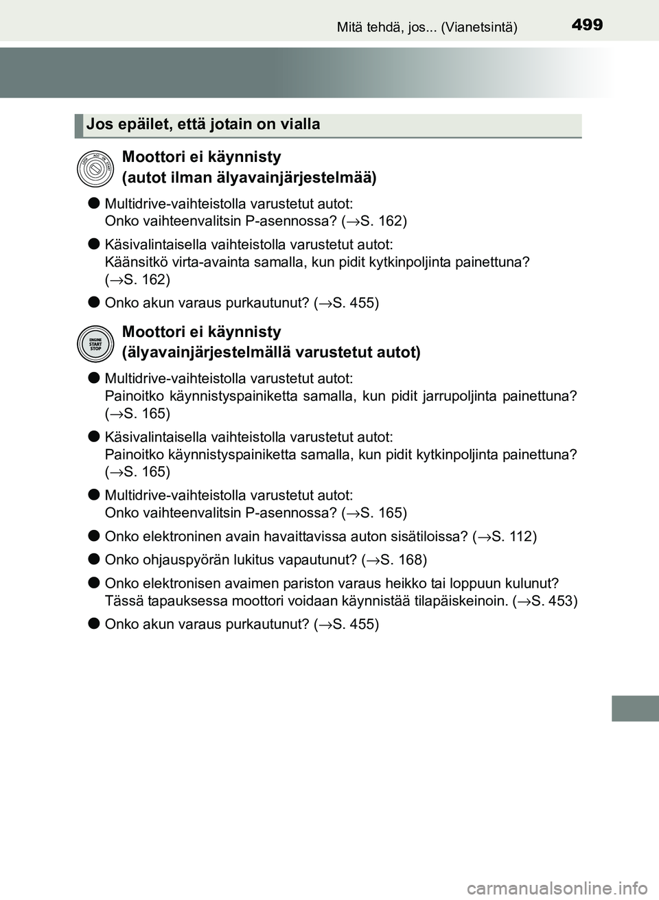 TOYOTA YARIS 2017  Omistajan Käsikirja (in Finnish) 499Mitä tehdä, jos... (Vianetsintä)
OM52J20FI
lMultidrive-vaihteistolla varustetut autot: 
Onko vaihteenvalitsin P-asennossa? (→S. 162)
lKäsivalintaisella vaihteistolla varustetut autot: 
Kään