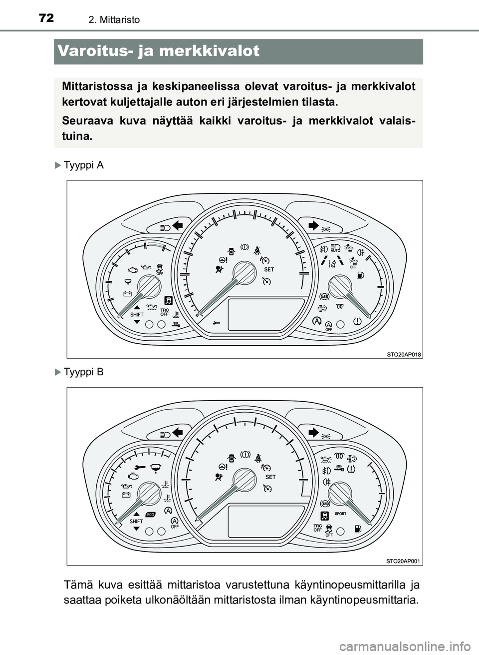 TOYOTA YARIS 2017  Omistajan Käsikirja (in Finnish) 722. Mittaristo
OM52J20FI
Varoitus- ja merkkivalot
Tyyppi A
Tyyppi B
Tämä kuva esittää mittaristoa varustettuna käyntinopeusmittarilla ja
saattaa poiketa ulkonäöltään mittaristosta ilma