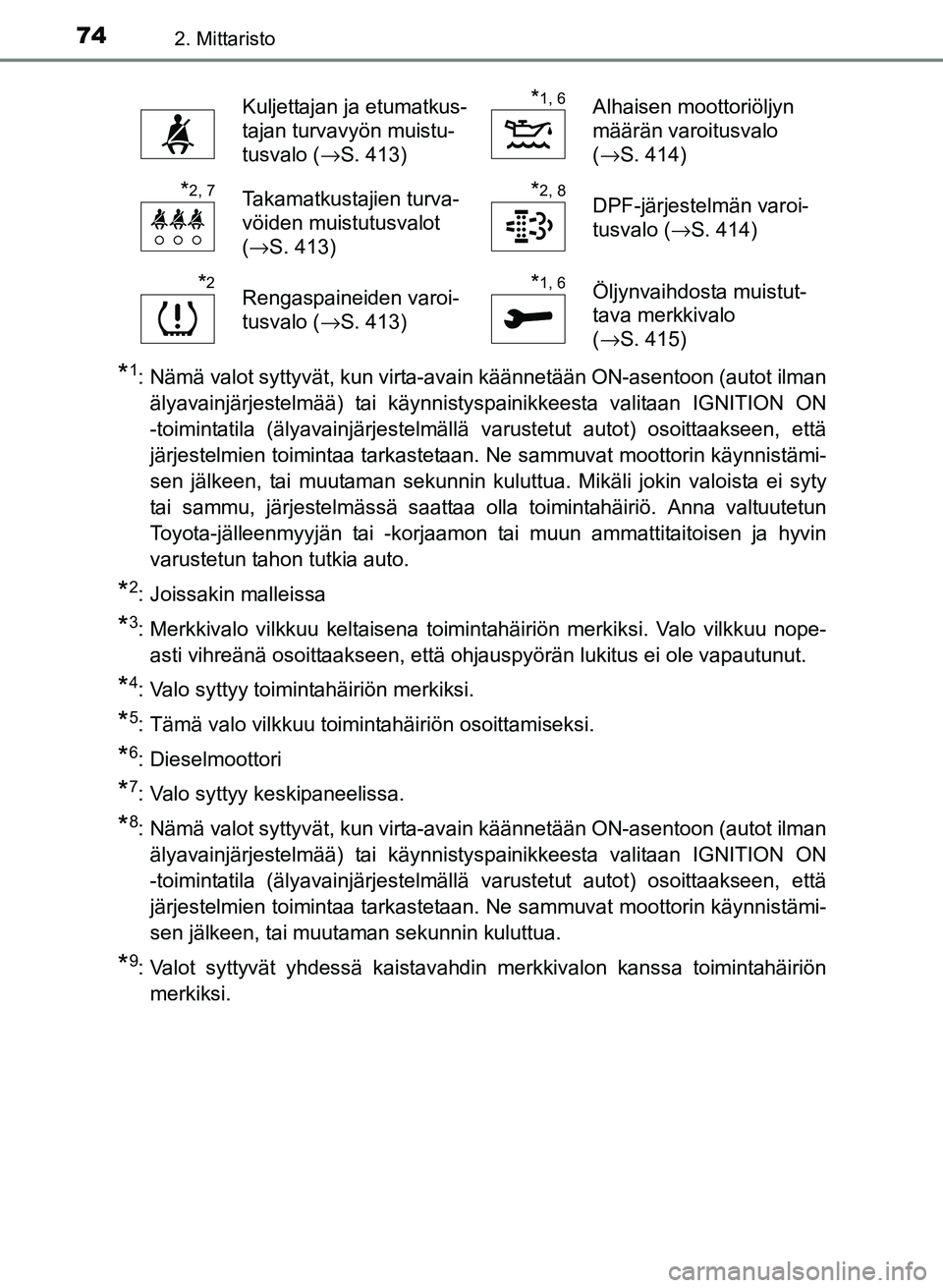 TOYOTA YARIS 2017  Omistajan Käsikirja (in Finnish) 742. Mittaristo
OM52J20FI
*1: Nämä valot syttyvät, kun virta-avain käännetään ON-asentoon (autot ilmanälyavainjärjestelmää) tai käynnistyspainikkeesta valitaan IGNITION ON
-toimintatila (