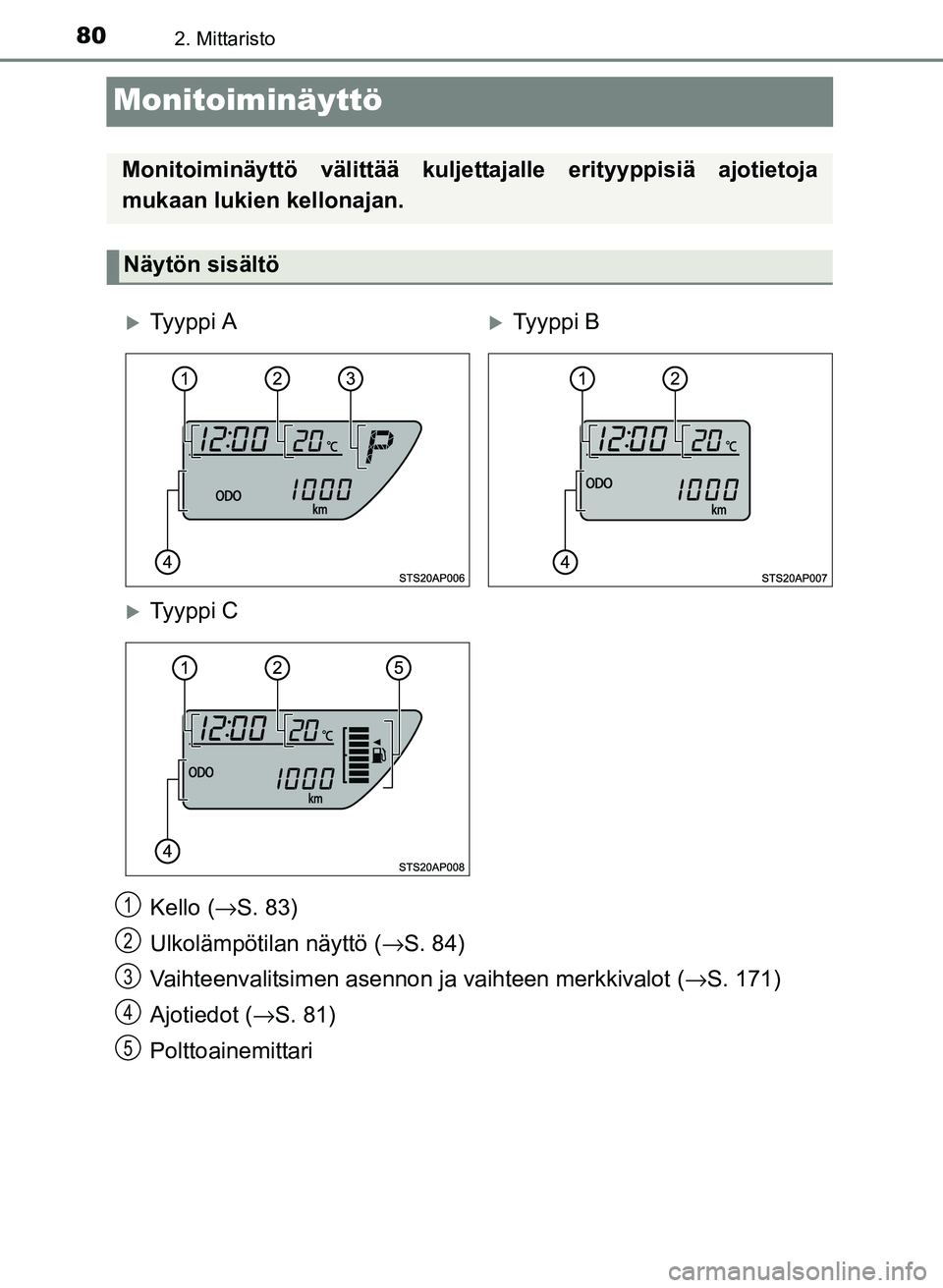 TOYOTA YARIS 2017  Omistajan Käsikirja (in Finnish) 802. Mittaristo
OM52J20FI
Monitoiminäyttö
Kello (→S. 83)
Ulkolämpötilan näyttö ( →S. 84)
Vaihteenvalitsimen asennon ja vaihteen merkkivalot ( →S. 171)
Ajotiedot ( →S. 81)
Polttoainemitta