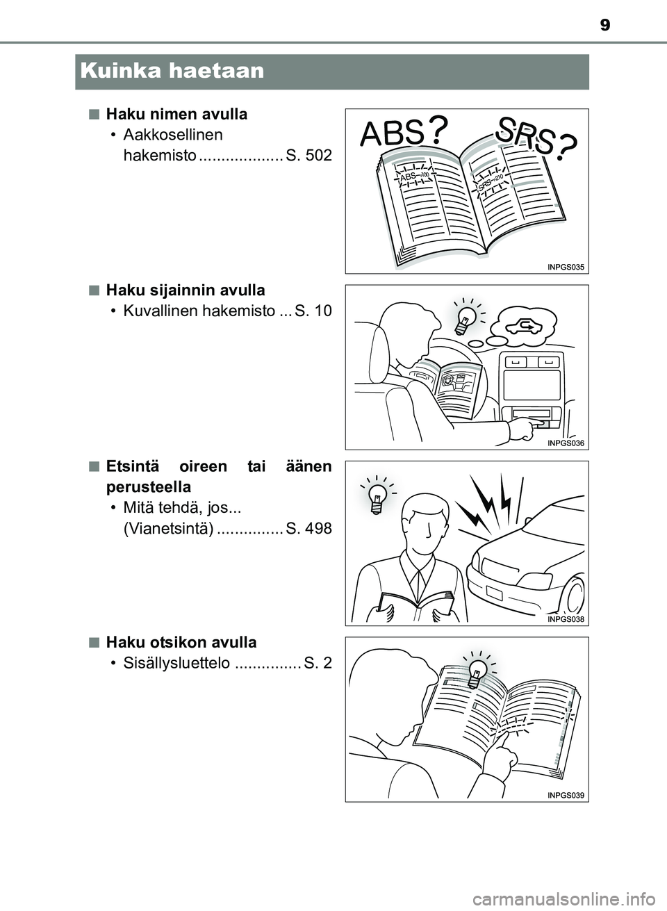 TOYOTA YARIS 2017  Omistajan Käsikirja (in Finnish) 9
OM52J20FI
Kuinka haetaan
nHaku nimen avulla• Aakkosellinen  hakemisto ................... S. 502
nHaku sijainnin avulla• Kuvallinen hakemisto ... S. 10
nEtsintä oireen tai äänen
perusteella