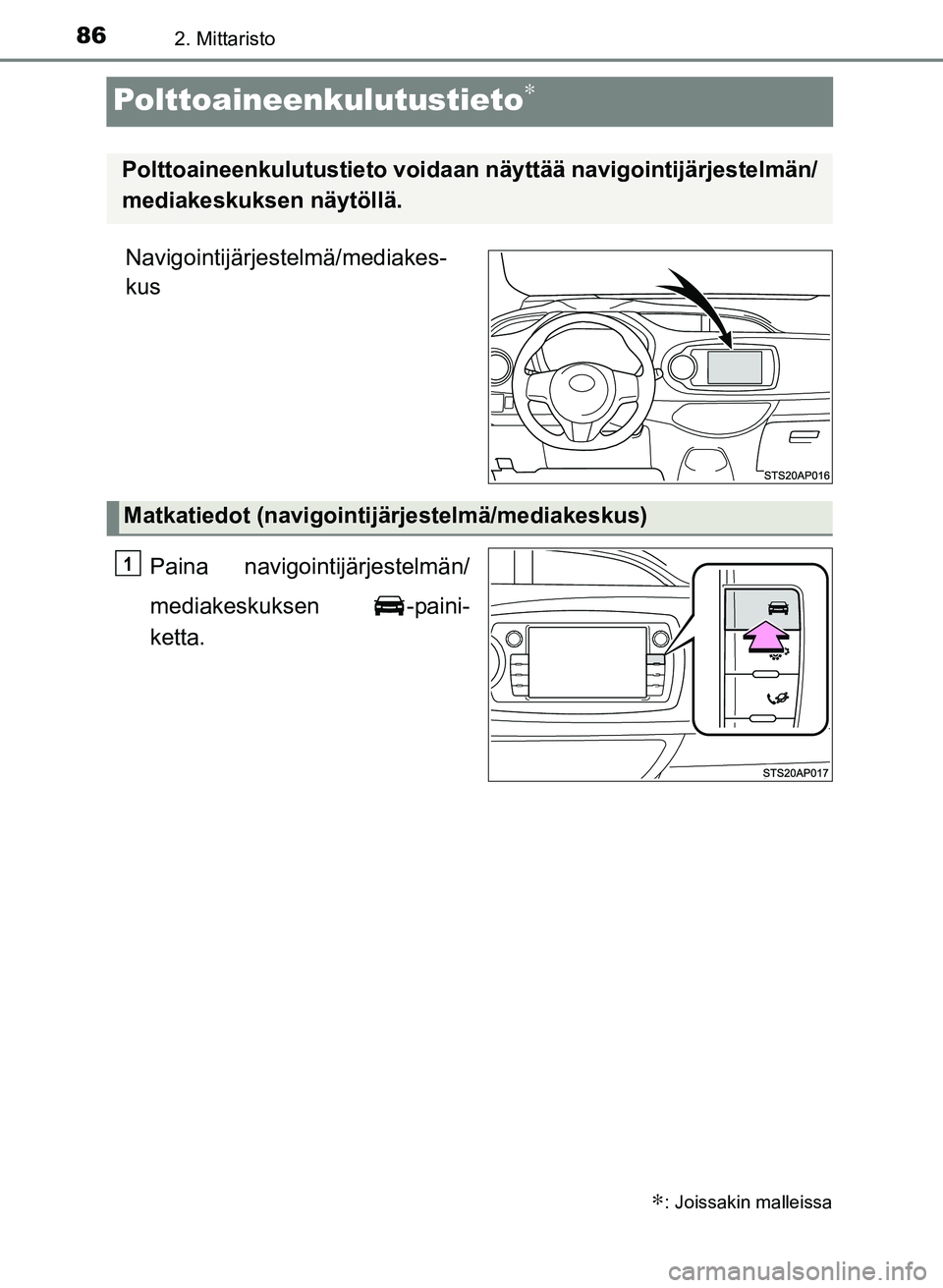 TOYOTA YARIS 2017  Omistajan Käsikirja (in Finnish) 862. Mittaristo
OM52J20FI
Polttoaineenkulutustieto∗
Navigointijärjestelmä/mediakes-
kusPaina navigointijärjestelmän/
mediakeskuksen -paini-
ketta.
∗: Joissakin malleissa
Polttoaineenkulutustie