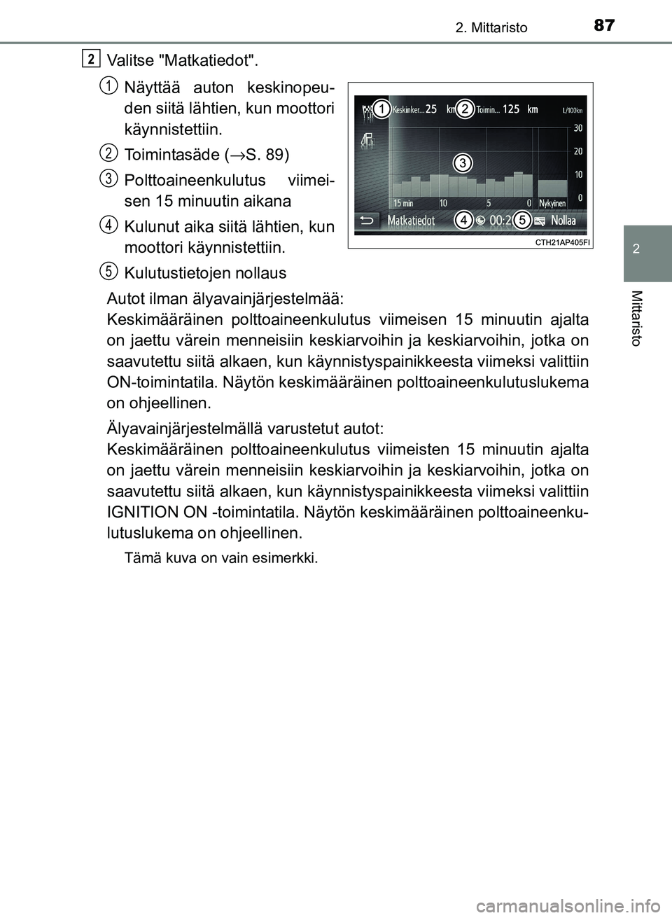 TOYOTA YARIS 2017  Omistajan Käsikirja (in Finnish) 872. Mittaristo
2
Mittaristo
OM52J20FI
Valitse "Matkatiedot".Näyttää auton keskinopeu-
den siitä lähtien, kun moottori
käynnistettiin.
Toimintasäde ( →S. 89)
Polttoaineenkulutus viimei-
sen 1
