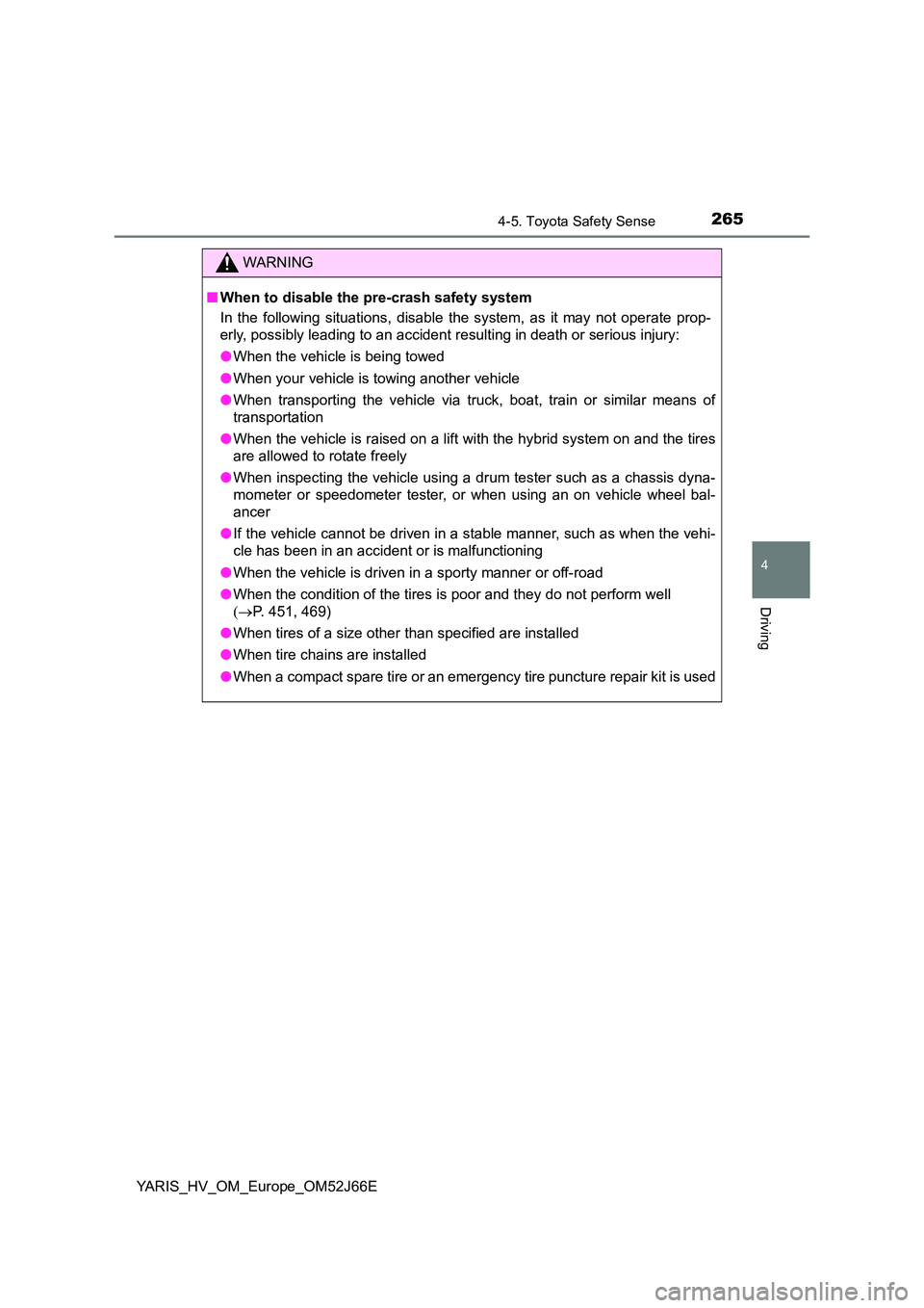 TOYOTA YARIS 2018  Owners Manual 2654-5. Toyota Safety Sense
4
Driving
YARIS_HV_OM_Europe_OM52J66E
WARNING
■When to disable the pre-crash safety system 
In the following situations, disable the system, as it may not operate prop- 
