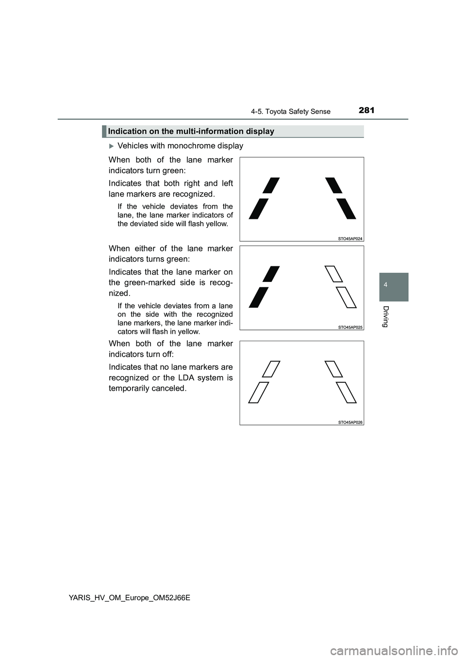 TOYOTA YARIS 2018  Owners Manual 2814-5. Toyota Safety Sense
4
Driving
YARIS_HV_OM_Europe_OM52J66E
Vehicles with monochrome display 
When both of the lane marker 
indicators turn green:  
Indicates that both right and left 
lane m