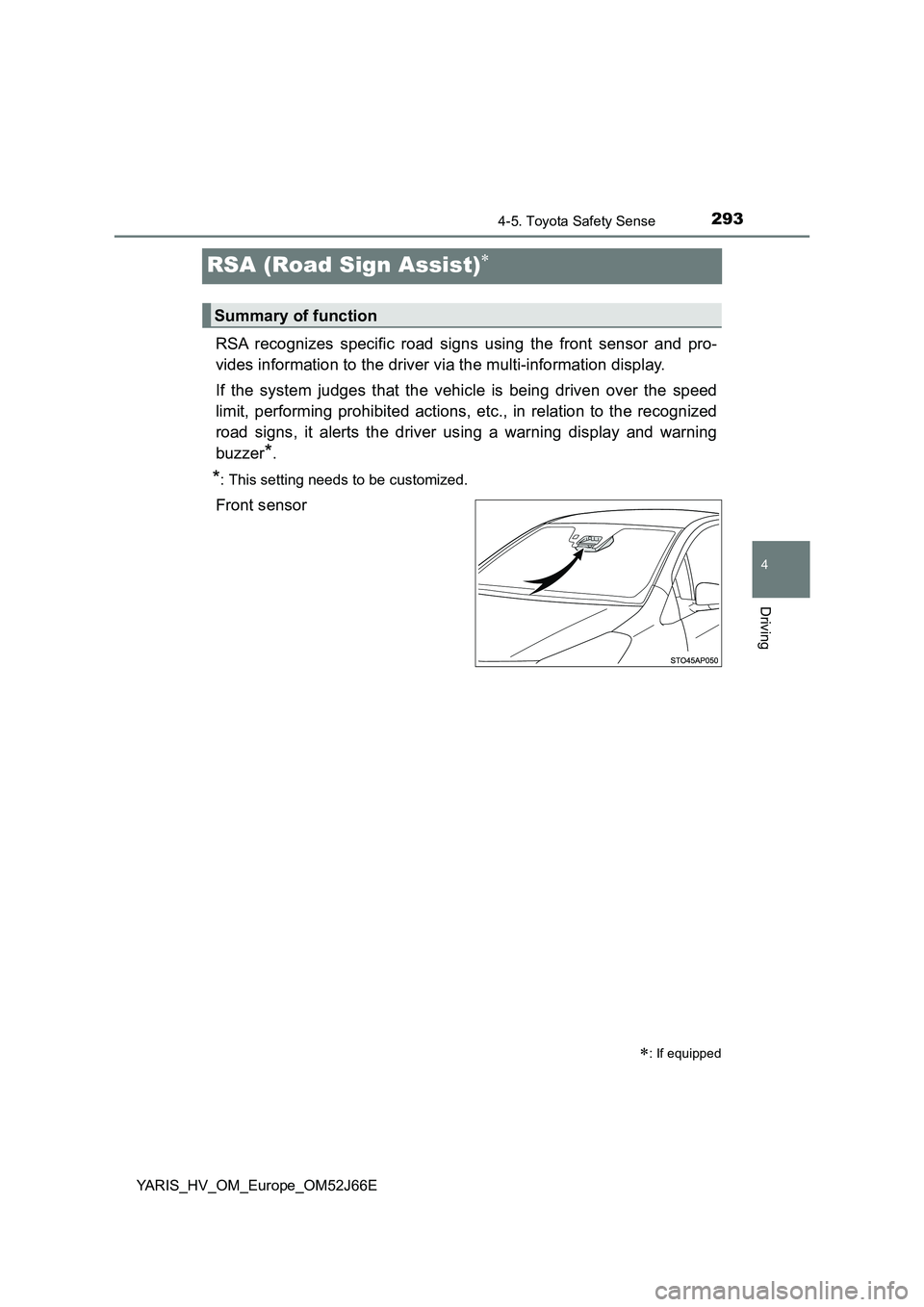 TOYOTA YARIS 2018  Owners Manual 293
4
4-5. Toyota Safety Sense
Driving
YARIS_HV_OM_Europe_OM52J66E
RSA (Road Sign Assist)
RSA recognizes specific road signs using the front sensor and pro- 
vides information to the driver via the