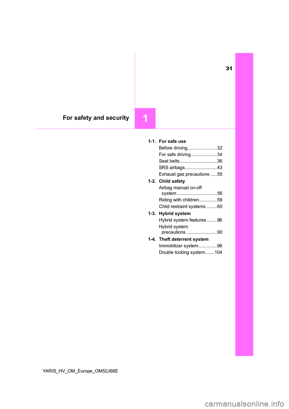 TOYOTA YARIS 2018  Owners Manual 31
1For safety and security
YARIS_HV_OM_Europe_OM52J66E 
1-1. For safe use 
Before driving....................... 32 
For safe driving .................... 34 
Seat belts .............................