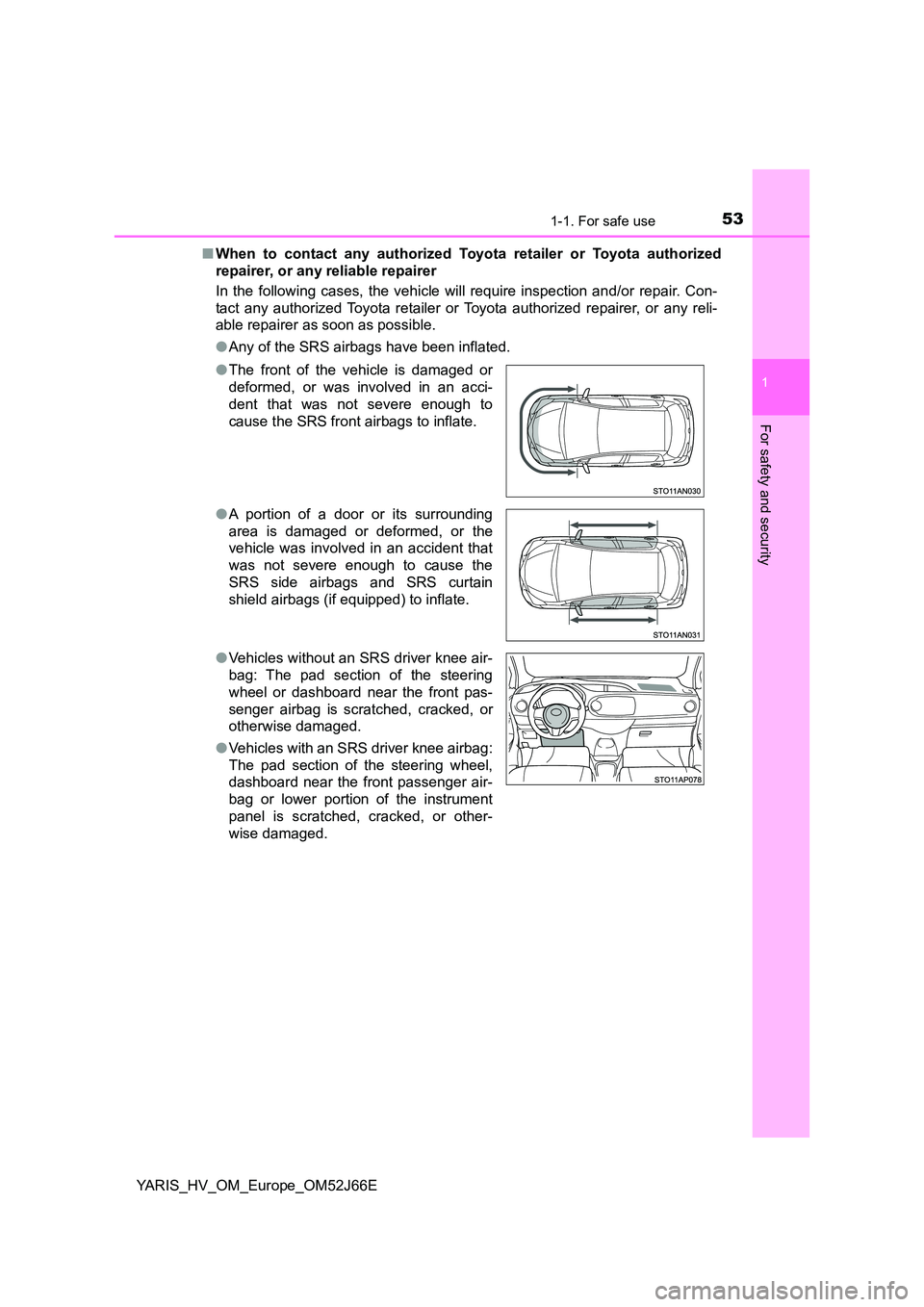 TOYOTA YARIS 2018  Owners Manual 531-1. For safe use
1
For safety and security
YARIS_HV_OM_Europe_OM52J66E 
■ When to contact any authorized Toyota retailer or Toyota authorized 
repairer, or any reliable repairer 
In the following