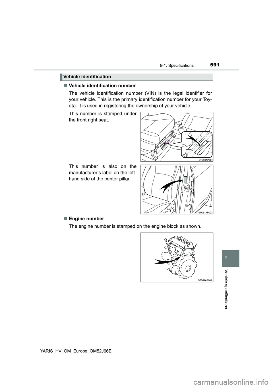 TOYOTA YARIS 2018  Owners Manual 5919-1. Specifications
9
Vehicle specifications
YARIS_HV_OM_Europe_OM52J66E 
■Vehicle identification number 
The vehicle identification number (VIN) is the legal identifier for 
your vehicle. This i