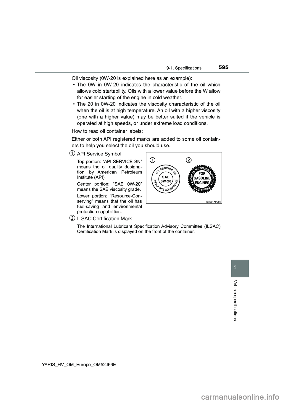 TOYOTA YARIS 2018  Owners Manual 5959-1. Specifications
9
Vehicle specifications
YARIS_HV_OM_Europe_OM52J66E
Oil viscosity (0W-20 is explained here as an example):  
• The 0W in 0W-20 indicates the characteristic of the oil which 
