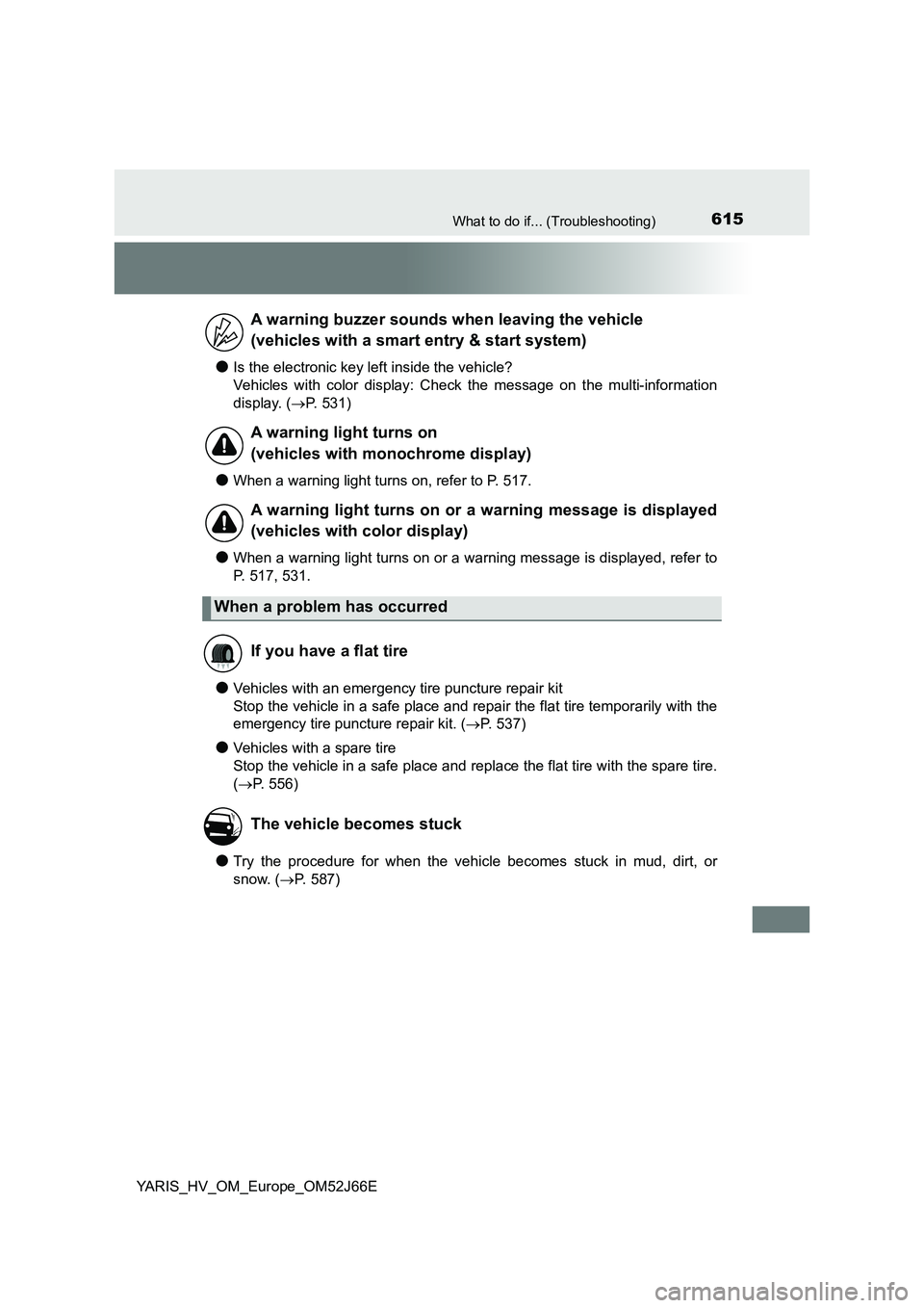 TOYOTA YARIS 2018  Owners Manual 615What to do if... (Troubleshooting)
YARIS_HV_OM_Europe_OM52J66E
●Is the electronic key left inside the vehicle? 
Vehicles with color display: Check the message on the multi-information 
display. (
