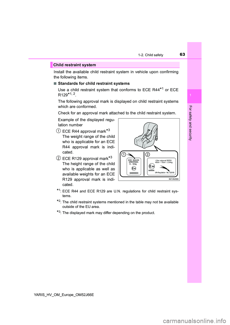 TOYOTA YARIS 2018  Owners Manual 631-2. Child safety
1
For safety and security
YARIS_HV_OM_Europe_OM52J66E
Install the available child restraint system in vehicle upon confirming 
the following items.
■Standards for child restraint
