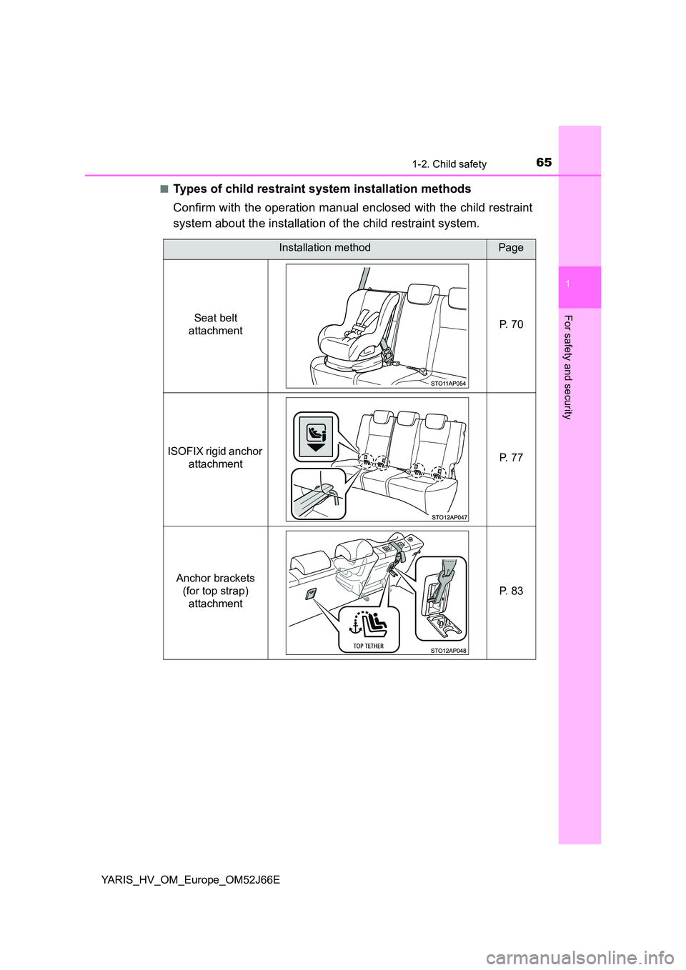 TOYOTA YARIS 2018  Owners Manual 651-2. Child safety
1
For safety and security
YARIS_HV_OM_Europe_OM52J66E 
■Types of child restraint system installation methods 
Confirm with the operation manual enclosed with the child restraint 