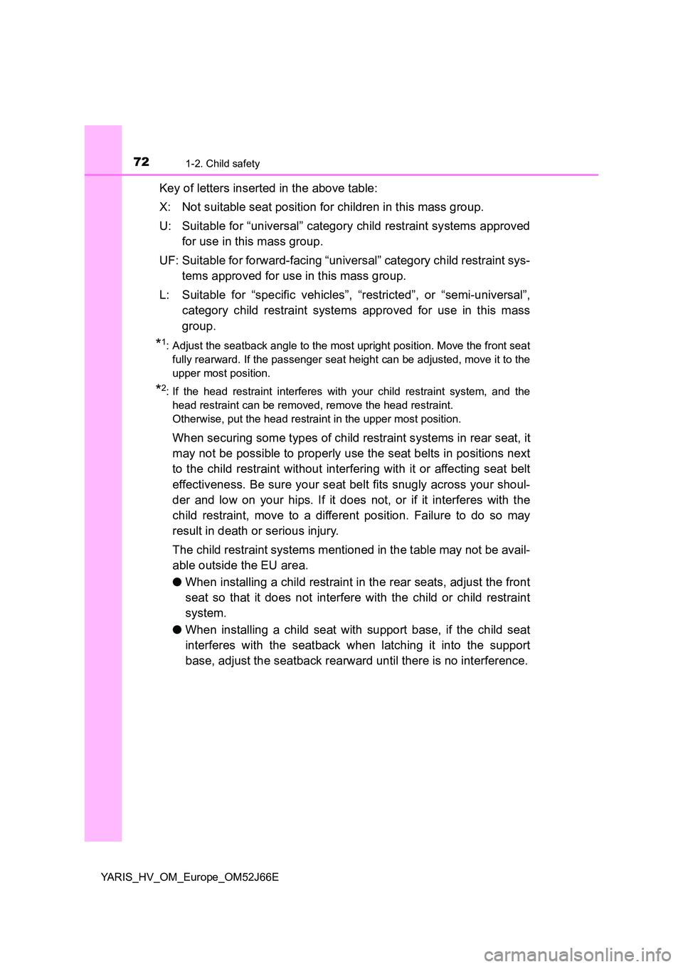TOYOTA YARIS 2018  Owners Manual 721-2. Child safety
YARIS_HV_OM_Europe_OM52J66E
Key of letters inserted in the above table: 
X: Not suitable seat position for children in this mass group. 
U: Suitable for “universal” category ch