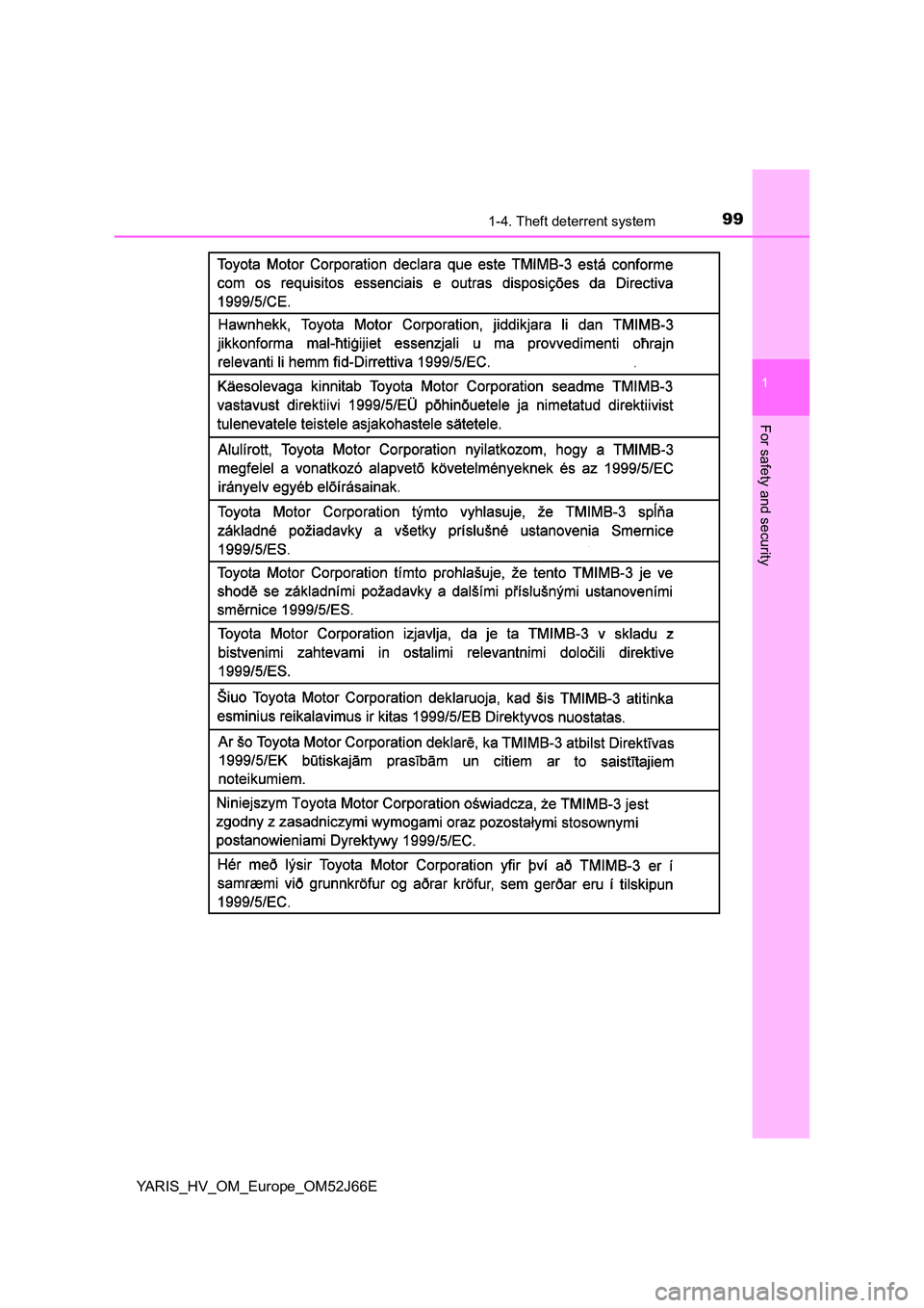 TOYOTA YARIS 2018  Owners Manual 991-4. Theft deterrent system
1
For safety and security
YARIS_HV_OM_Europe_OM52J66E 