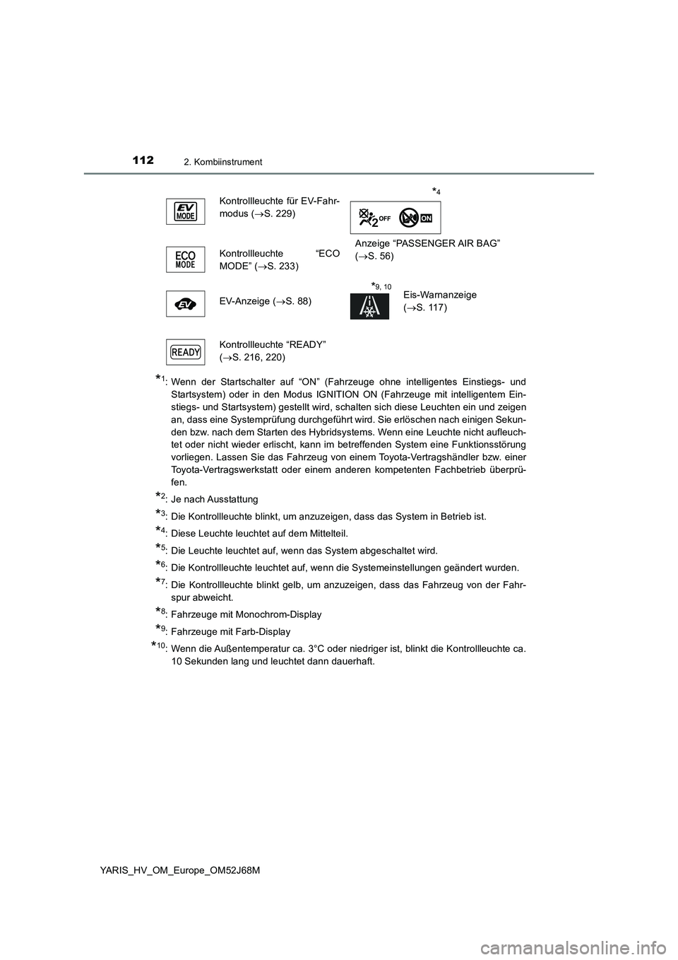 TOYOTA YARIS 2018  Betriebsanleitungen (in German) 1122. Kombiinstrument
YARIS_HV_OM_Europe_OM52J68M
*1: Wenn der Startschalter auf “ON” (Fahrzeuge ohne intelligentes Einstiegs- und
Startsystem) oder in den Modus IGNITION ON (Fahrzeuge mit intelli