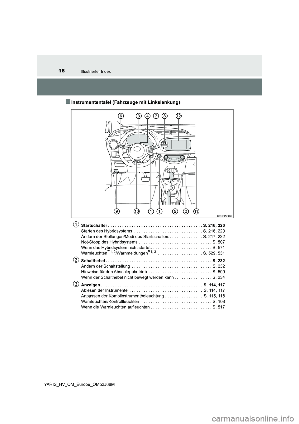 TOYOTA YARIS 2018 Betriebsanleitungen (in German) 16Illustrierter Index
YARIS_HV_OM_Europe_OM52J68M
■Instrumententafel (Fahrzeuge mit Linkslenkung)
Startschalter . . . . . . . . . . . . . . . . . . . . . . . . . . . . . . . . . . . . . . . . S. 216 TOYOTA YARIS 2018 Betriebsanleitungen (in German) 16Illustrierter Index
YARIS_HV_OM_Europe_OM52J68M
■Instrumententafel (Fahrzeuge mit Linkslenkung)
Startschalter . . . . . . . . . . . . . . . . . . . . . . . . . . . . . . . . . . . . . . . . S. 216