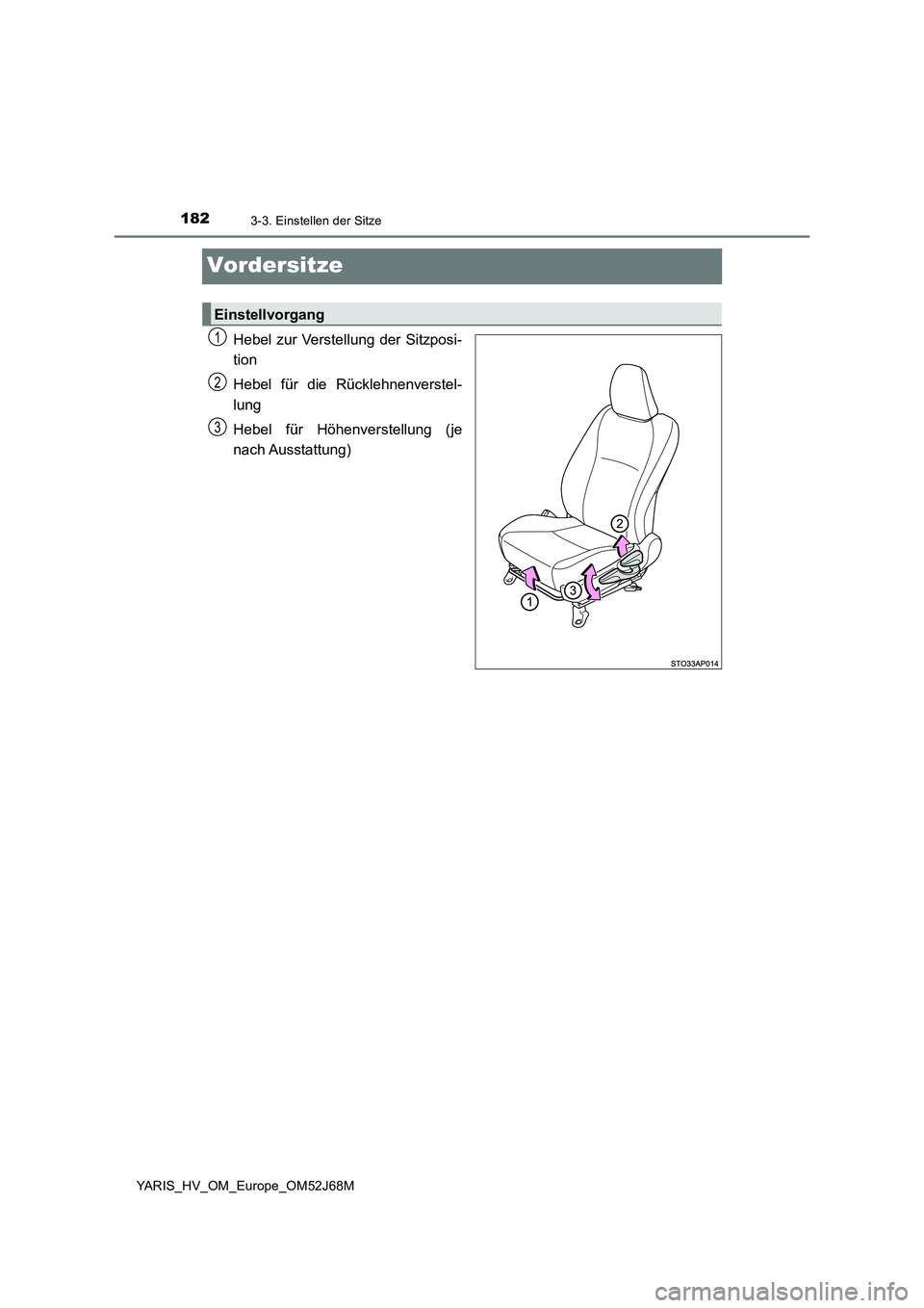 TOYOTA YARIS 2018  Betriebsanleitungen (in German) 1823-3. Einstellen der Sitze
YARIS_HV_OM_Europe_OM52J68M
Vordersitze
Hebel zur Verstellung der Sitzposi-
tion
Hebel für die Rücklehnenverstel-
lung
Hebel für Höhenverstellung (je
nach Ausstattung)