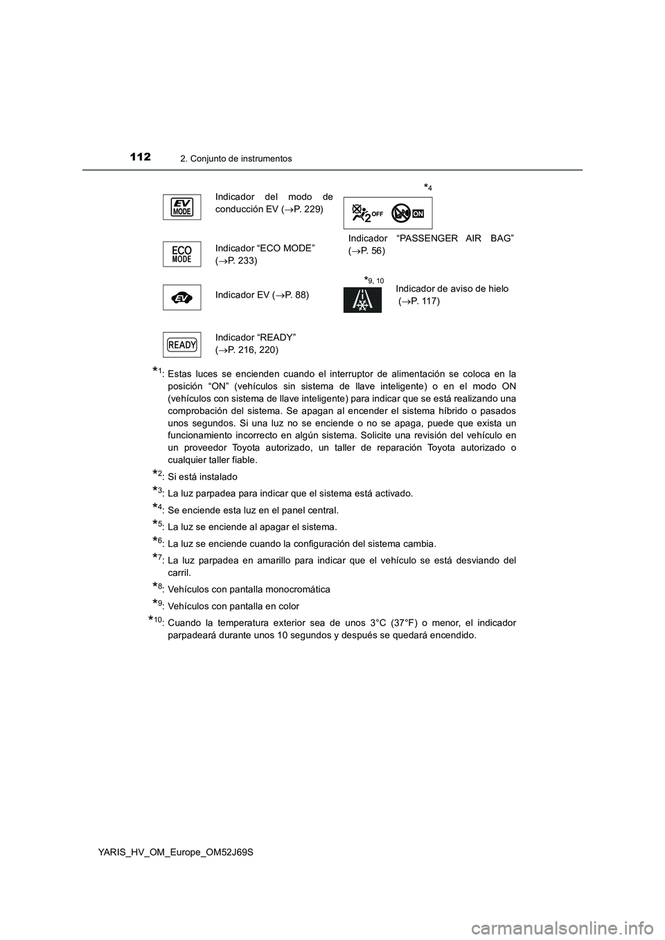 TOYOTA YARIS 2018 Manuale de Empleo (in Spanish) 1122. Conjunto de instrumentos
YARIS_HV_OM_Europe_OM52J69S
*1: Estas luces se encienden cuando el interruptor de alimentación se coloca en la
posición “ON” (vehículos sin sistema de llave inte TOYOTA YARIS 2018 Manuale de Empleo (in Spanish) 1122. Conjunto de instrumentos
YARIS_HV_OM_Europe_OM52J69S
*1: Estas luces se encienden cuando el interruptor de alimentación se coloca en la
posición “ON” (vehículos sin sistema de llave inte