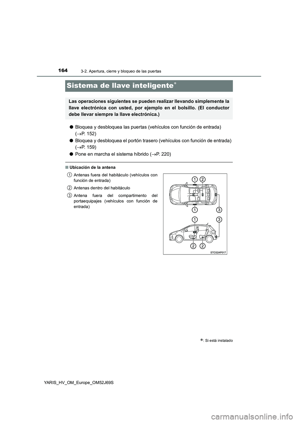 TOYOTA YARIS 2018  Manuale de Empleo (in Spanish) 1643-2. Apertura, cierre y bloqueo de las puertas
YARIS_HV_OM_Europe_OM52J69S
Sistema de llave inteligente
●Bloquea y desbloquea las puertas (vehículos con función de entrada)  
( P. 152) 
