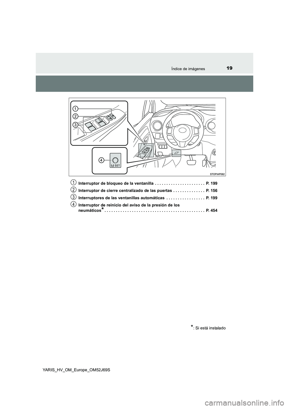 TOYOTA YARIS 2018  Manuale de Empleo (in Spanish) 19Índice de imágenes
YARIS_HV_OM_Europe_OM52J69S 
Interruptor de bloqueo de la ventanilla  . . . . . . . . . . . . . . . . . . . . . .  P. 199 
Interruptor de cierre centralizado de las puertas  . .