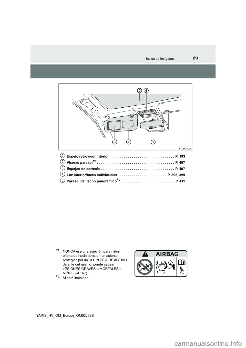 TOYOTA YARIS 2018  Manuale de Empleo (in Spanish) 29Índice de imágenes
YARIS_HV_OM_Europe_OM52J69S 
Espejo retrovisor interior  . . . . . . . . . . . . . . . . . . . . . . . . . . . . . . . . .  P. 193 
Viseras parasol*1. . . . . . . . . . . . . . 