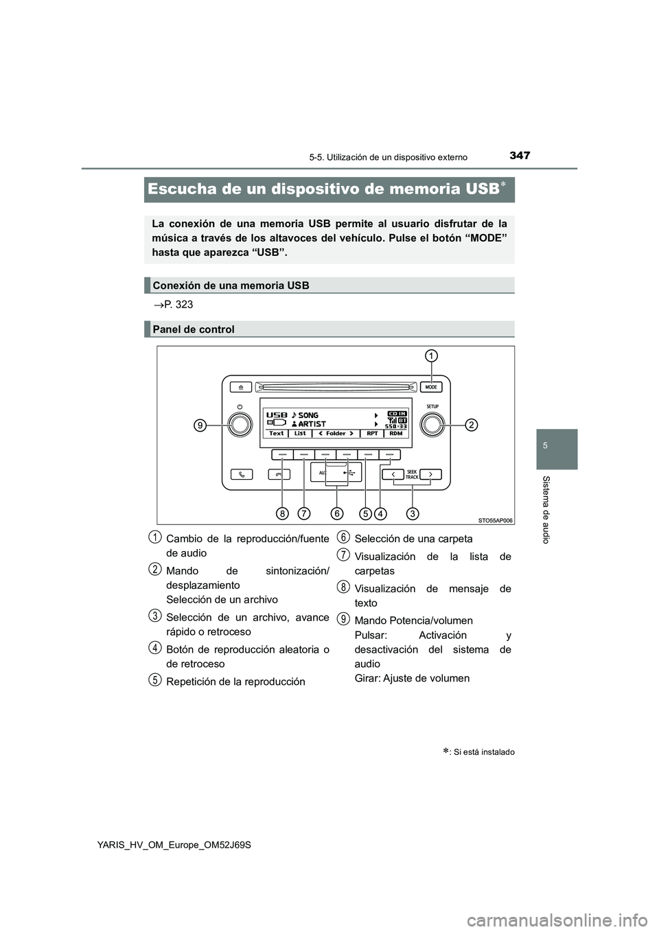 TOYOTA YARIS 2018  Manuale de Empleo (in Spanish) 347
5
5-5. Utilización de un dispositivo externo
Sistema de audio
YARIS_HV_OM_Europe_OM52J69S
Escucha de un dispositivo de memoria USB
P. 323
: Si está instalado
La conexión de una memoria