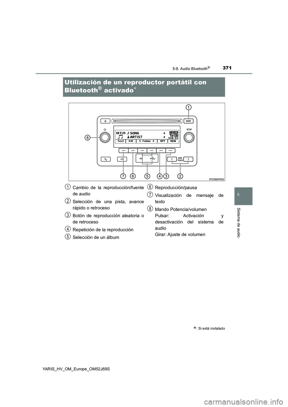 TOYOTA YARIS 2018  Manuale de Empleo (in Spanish) 3715-8. Audio Bluetooth®
5
Sistema de audio
YARIS_HV_OM_Europe_OM52J69S
Utilización de un reproductor portátil con  
Bluetooth® activado
: Si está instalado
Cambio de la reproducción/fuent