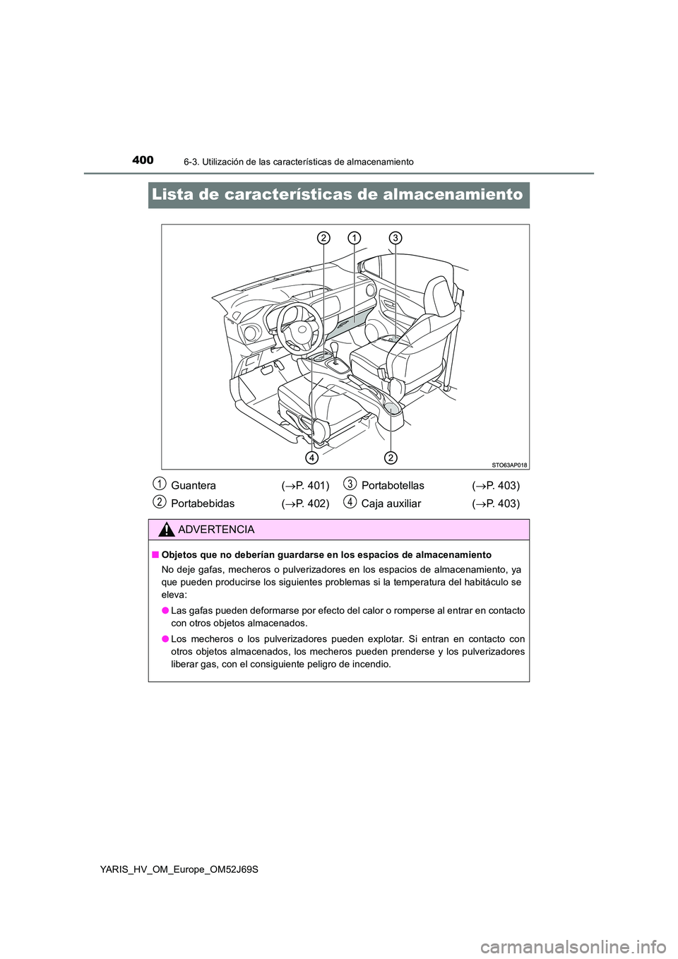 TOYOTA YARIS 2018  Manuale de Empleo (in Spanish) 4006-3. Utilización de las características de almacenamiento
YARIS_HV_OM_Europe_OM52J69S
Lista de características de almacenamiento
Guantera  (P. 401) 
Portabebidas ( P. 402) 
Portabotellas (