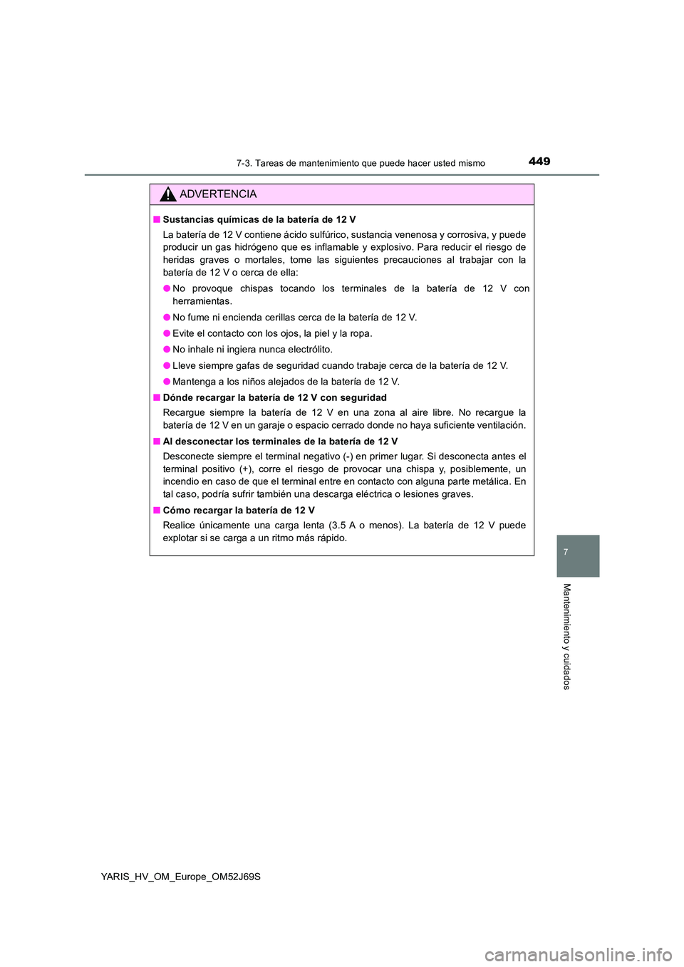 TOYOTA YARIS 2018 Manuale de Empleo (in Spanish) 4497-3. Tareas de mantenimiento que puede hacer usted mismo
7
Mantenimiento y cuidados
YARIS_HV_OM_Europe_OM52J69S
ADVERTENCIA
■Sustancias químicas de la batería de 12 V
La batería de 12 V conti TOYOTA YARIS 2018 Manuale de Empleo (in Spanish) 4497-3. Tareas de mantenimiento que puede hacer usted mismo
7
Mantenimiento y cuidados
YARIS_HV_OM_Europe_OM52J69S
ADVERTENCIA
■Sustancias químicas de la batería de 12 V
La batería de 12 V conti
