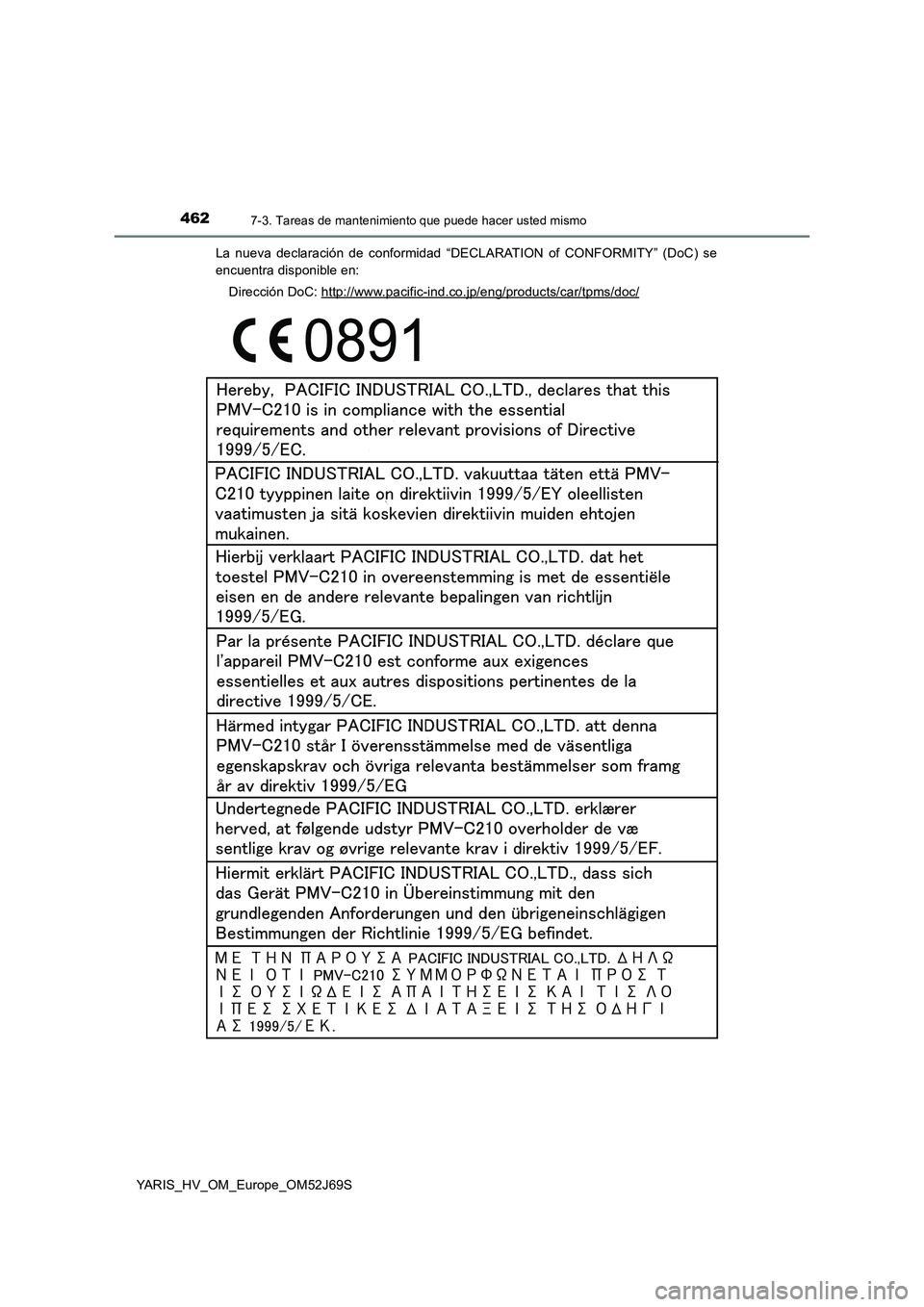 TOYOTA YARIS 2018  Manuale de Empleo (in Spanish) 4627-3. Tareas de mantenimiento que puede hacer usted mismo
YARIS_HV_OM_Europe_OM52J69S 
La nueva declaración de conformidad “DECLARATION of CONFORMITY” (DoC) se 
encuentra disponible en: 
Direcc