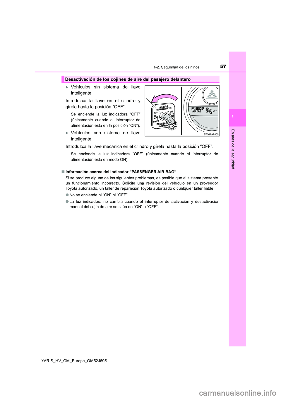 TOYOTA YARIS 2018 Manuale de Empleo (in Spanish) 571-2. Seguridad de los niños
1
En aras de la seguridad
YARIS_HV_OM_Europe_OM52J69S
Vehículos sin sistema de llave
inteligente
Introduzca la llave en el cilindro y
gírela hasta la posición TOYOTA YARIS 2018 Manuale de Empleo (in Spanish) 571-2. Seguridad de los niños
1
En aras de la seguridad
YARIS_HV_OM_Europe_OM52J69S
Vehículos sin sistema de llave
inteligente
Introduzca la llave en el cilindro y
gírela hasta la posición