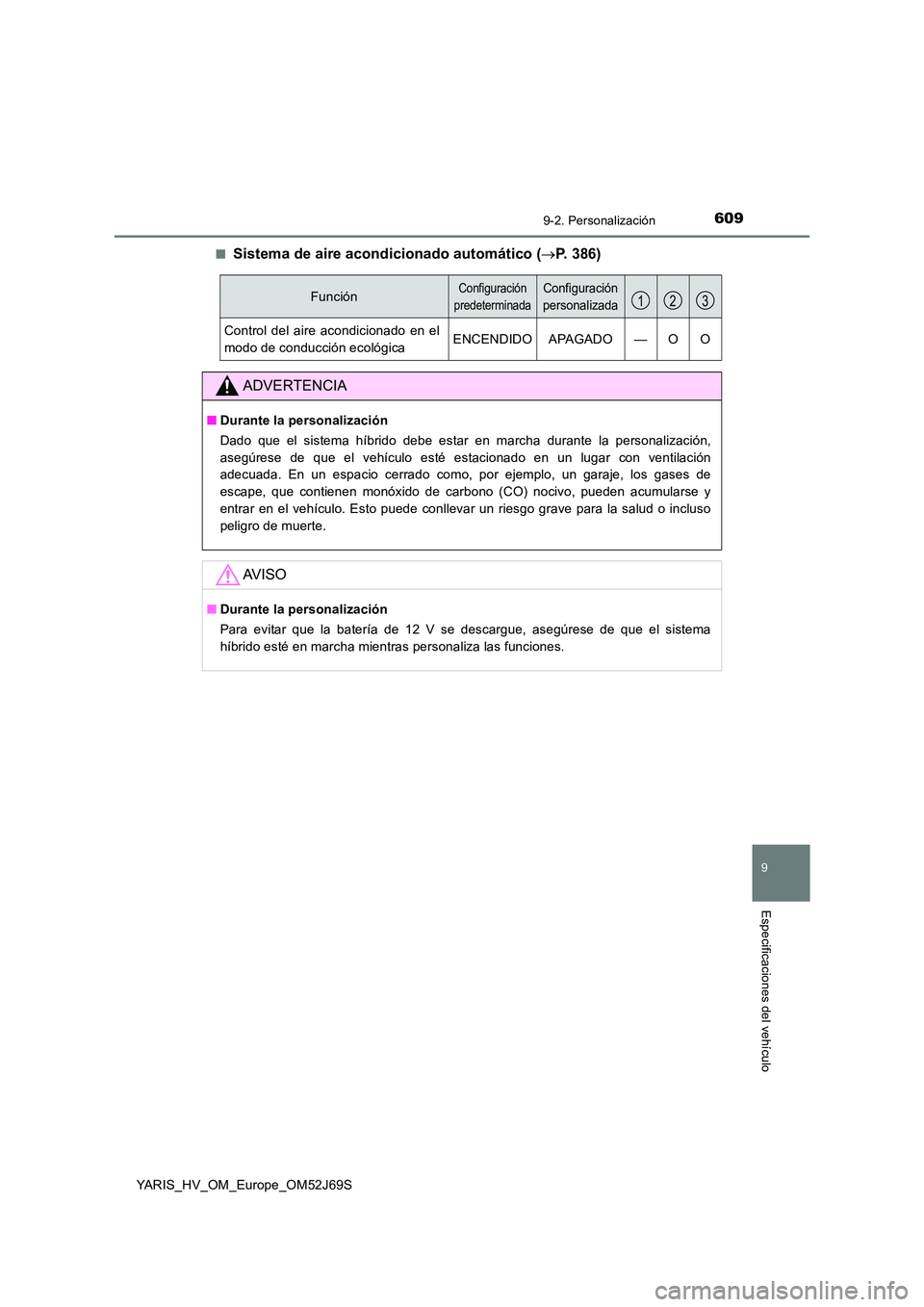 TOYOTA YARIS 2018  Manuale de Empleo (in Spanish) 6099-2. Personalización
9
Especificaciones del vehículo
YARIS_HV_OM_Europe_OM52J69S 
■Sistema de aire acondicionado automático ( P. 386)
FunciónConfiguración  
predeterminada
Configuración 