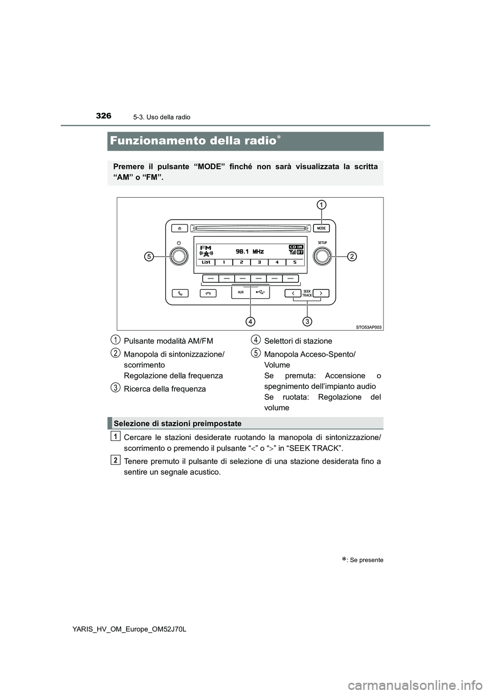 TOYOTA YARIS 2018  Manuale duso (in Italian) 3265-3. Uso della radio
YARIS_HV_OM_Europe_OM52J70L
Funzionamento della radio
Cercare le stazioni desiderate ruotando la manopola di sintonizzazione/ 
scorrimento o premendo il pulsante “ ” 