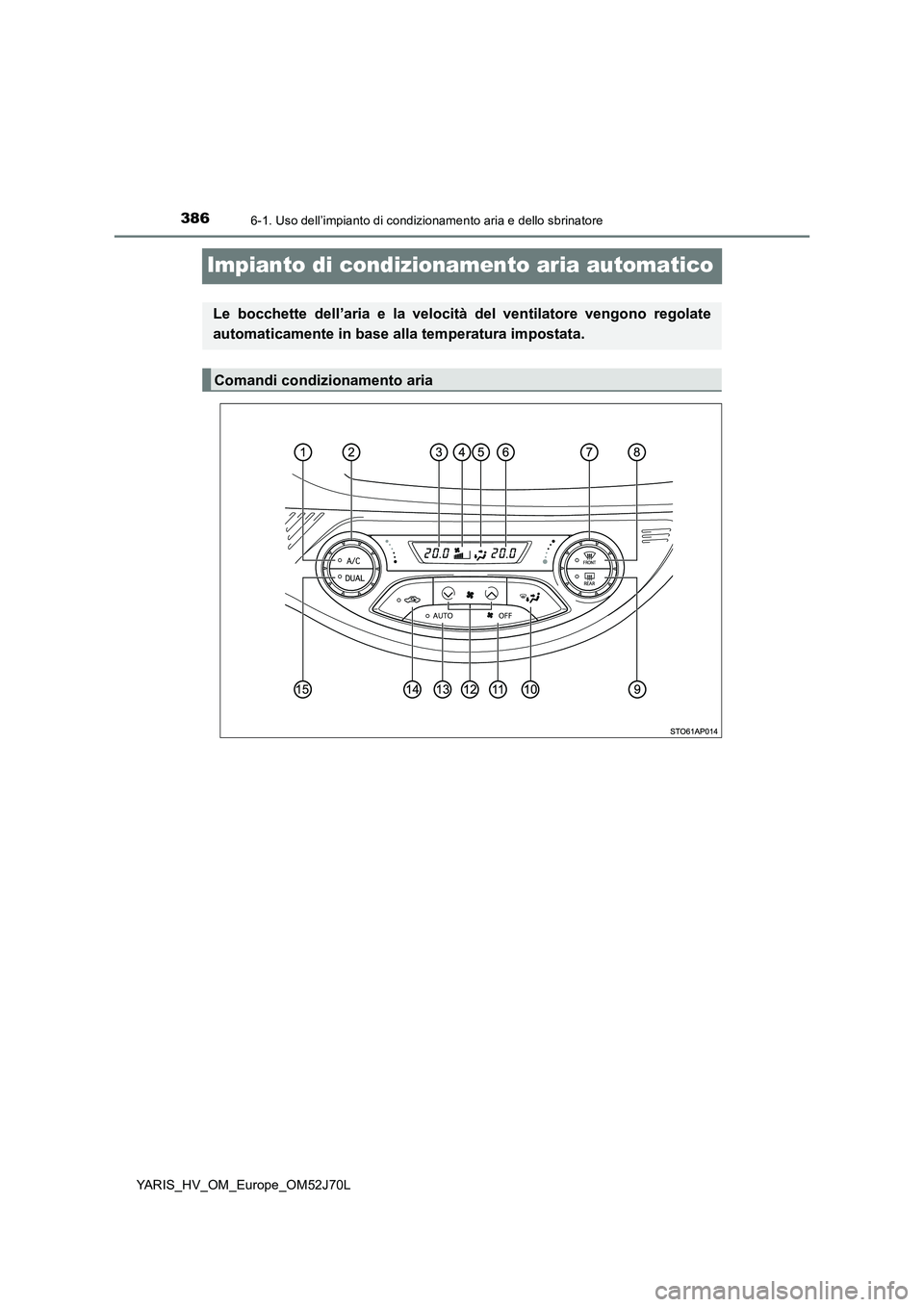 TOYOTA YARIS 2018  Manuale duso (in Italian) 3866-1. Uso dell’impianto di condizionamento aria e dello sbrinatore
YARIS_HV_OM_Europe_OM52J70L
Impianto di condizionamento aria automatico
Le bocchette dell’aria e la velocità del ventilatore v