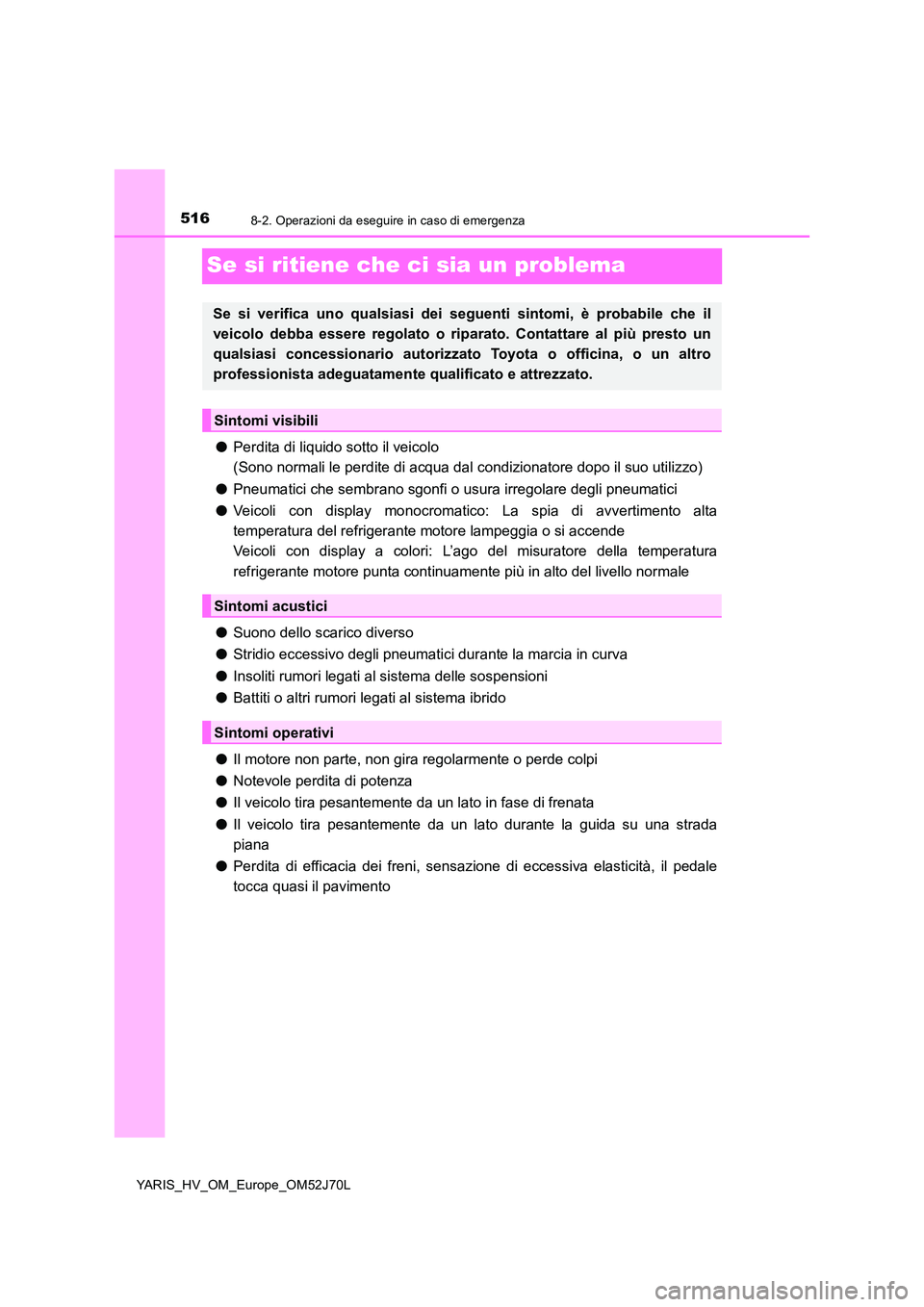 TOYOTA YARIS 2018  Manuale duso (in Italian) 5168-2. Operazioni da eseguire in caso di emergenza
YARIS_HV_OM_Europe_OM52J70L
Se si ritiene che ci sia un problema
●Perdita di liquido sotto il veicolo  
(Sono normali le perdite di acqua dal cond