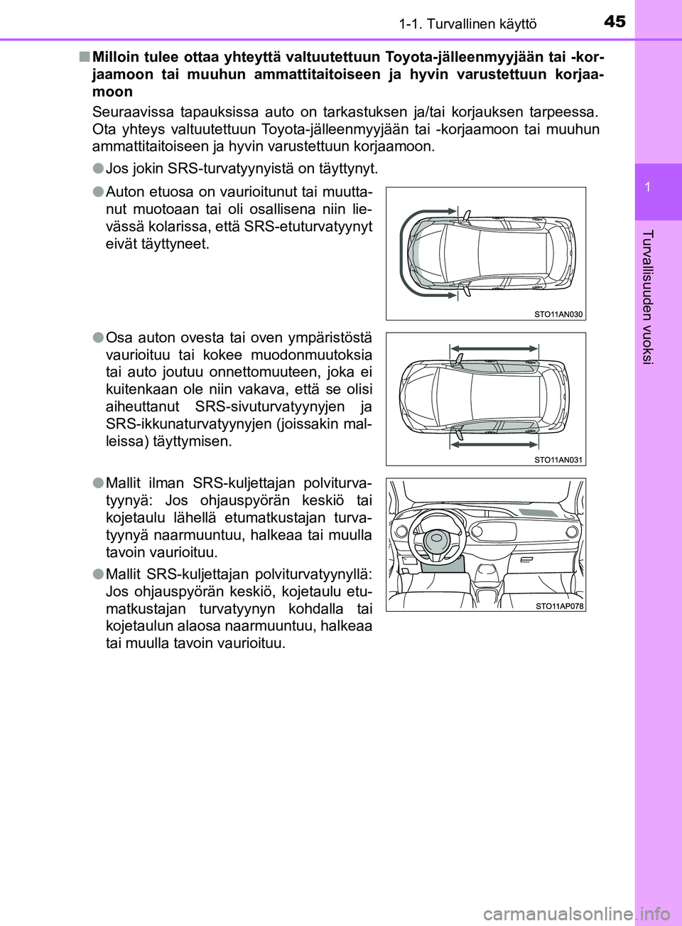 TOYOTA YARIS 2018 Omistajan Käsikirja (in Finnish) 451-1. Turvallinen käyttö
1
Turvallisuuden vuoksi
YARIS_HV_OM_Europe_OM52J66FIn
Milloin tulee ottaa yhteyttä valtuutettuun Toyota-jälleenmyyjään tai -kor-
jaamoon tai muuhun ammattitaitoi seen j TOYOTA YARIS 2018 Omistajan Käsikirja (in Finnish) 451-1. Turvallinen käyttö
1
Turvallisuuden vuoksi
YARIS_HV_OM_Europe_OM52J66FIn
Milloin tulee ottaa yhteyttä valtuutettuun Toyota-jälleenmyyjään tai -kor-
jaamoon tai muuhun ammattitaitoi seen j