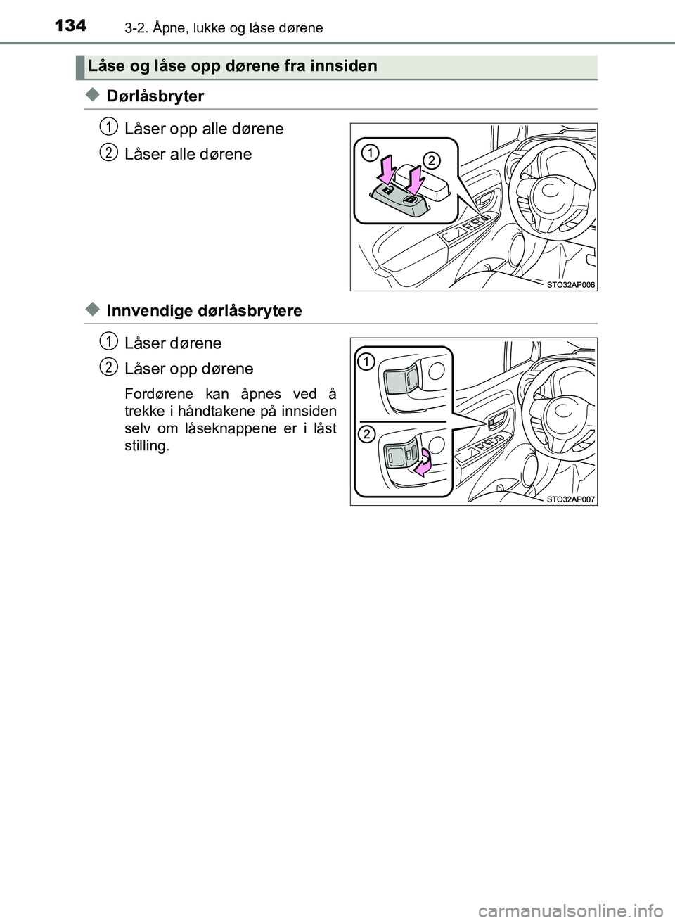 TOYOTA YARIS 2018  Instruksjoner for bruk (in Norwegian) 1343-2. Åpne, lukke og låse dørene
YARIS_HV_OM_Europe_OM52J66NO
uDørlåsbryterLåser opp alle dørene
Låser alle dørene
uInnvendige dørlåsbrytereLåser dørene
Låser opp dørene
Fordørene ka