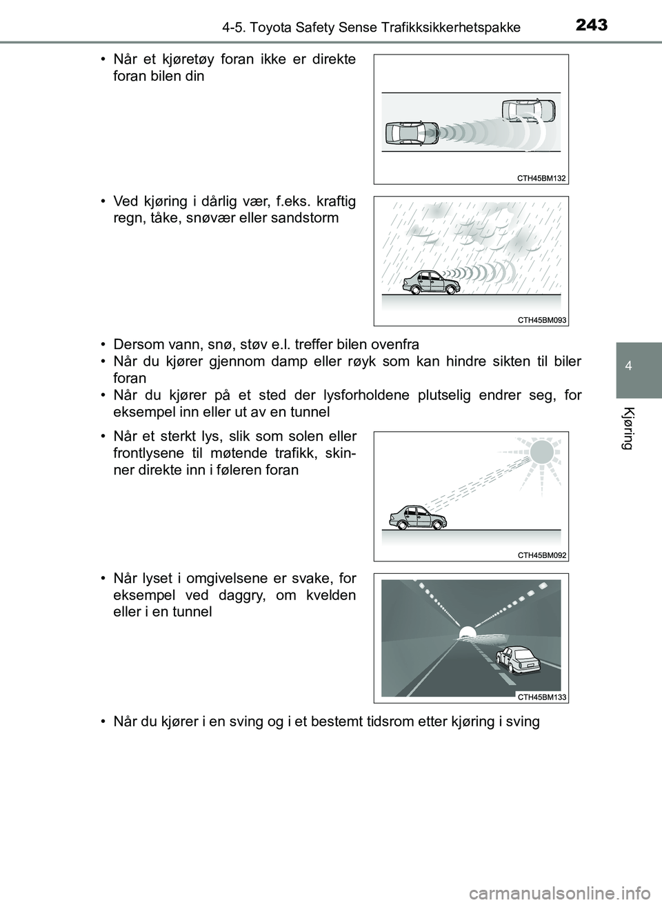 TOYOTA YARIS 2018  Instruksjoner for bruk (in Norwegian) 2434-5. Toyota Safety Sense Trafikksikkerhetspakke
4
Kjøring
YARIS_HV_OM_Europe_OM52J66NO• Dersom vann, snø, støv e.l. treffer bilen ovenfra
• Når du kjører gjennom damp eller røyk som kan h