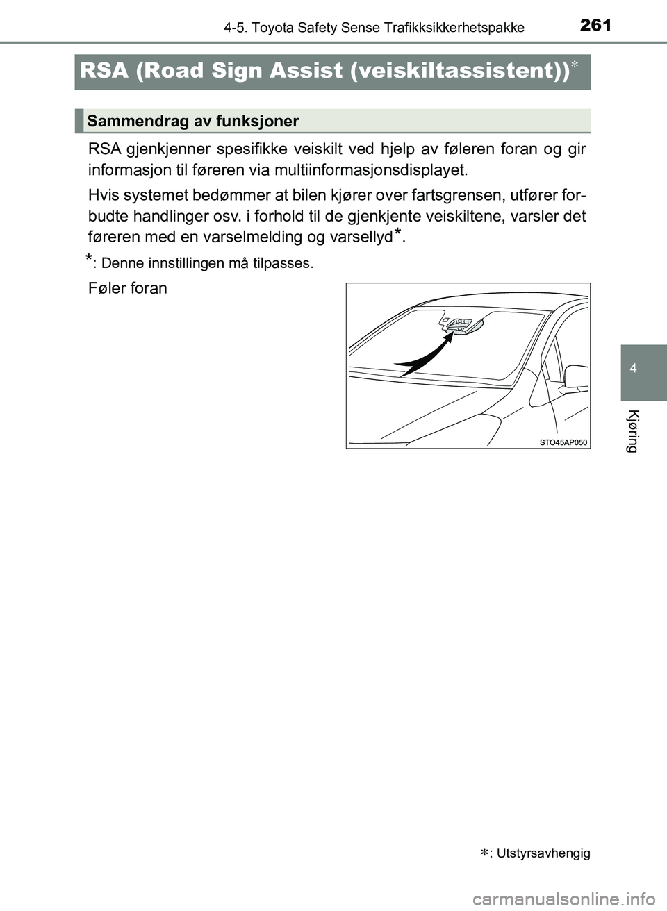 TOYOTA YARIS 2018  Instruksjoner for bruk (in Norwegian) 261
4
4-5. Toyota Safety Sense Trafikksikkerhetspakke
Kjøring
YARIS_HV_OM_Europe_OM52J66NO
RSA (Road Sign Assist (veiskiltassistent))
RSA gjenkjenner spesifikke veiskilt ved hjelp av føleren fora