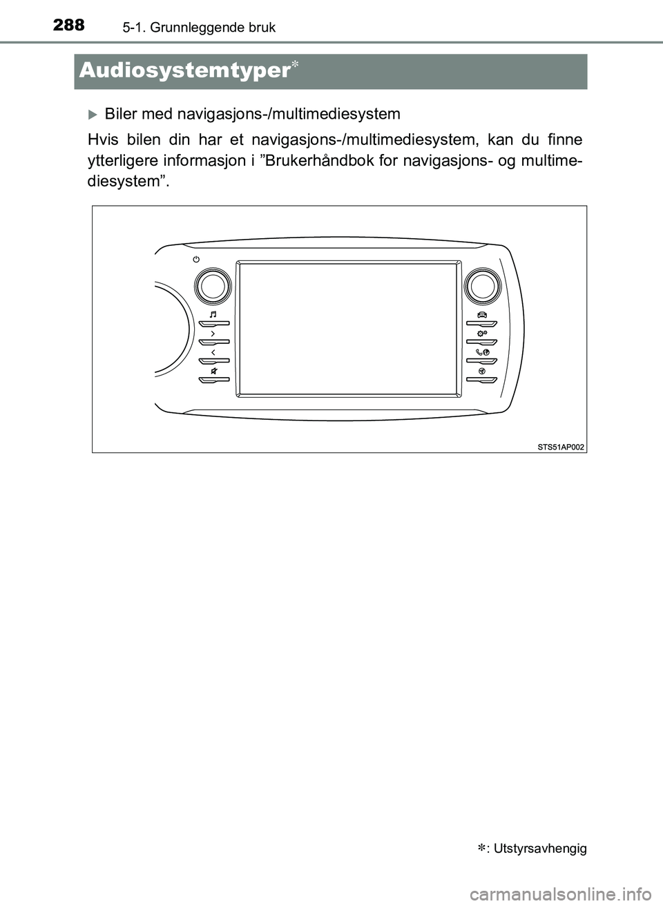 TOYOTA YARIS 2018  Instruksjoner for bruk (in Norwegian) 2885-1. Grunnleggende bruk
YARIS_HV_OM_Europe_OM52J66NO
Audiosystemtyper
Biler med navigasjons-/multimediesystem
Hvis bilen din har et navigasjons -/multimediesystem, kan du finne
ytterligere in