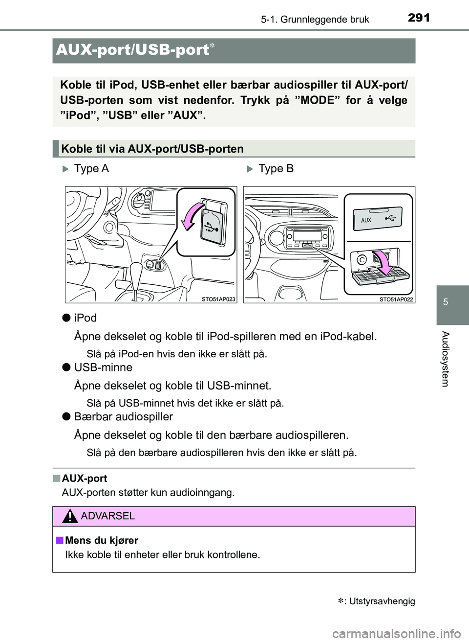 TOYOTA YARIS 2018  Instruksjoner for bruk (in Norwegian) 291
5
5-1. Grunnleggende bruk
Audiosystem
YARIS_HV_OM_Europe_OM52J66NO
AUX-port/USB-port
liPod
Åpne dekselet og koble til iPod-spilleren med en iPod-kabel.
Slå på iPod-en hvis den ikke er slått