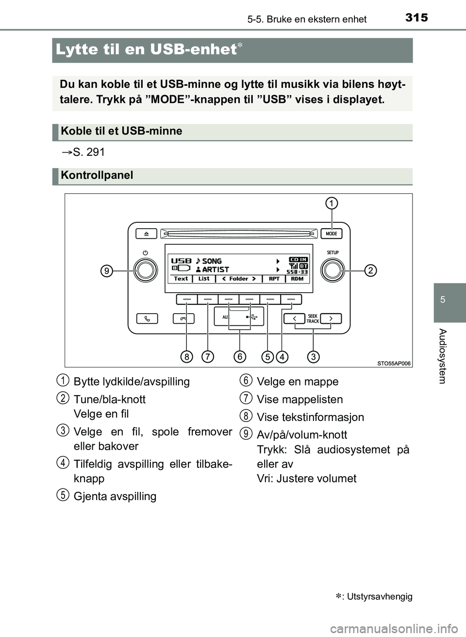 TOYOTA YARIS 2018  Instruksjoner for bruk (in Norwegian) 315
5
5-5. Bruke en ekstern enhet
Audiosystem
YARIS_HV_OM_Europe_OM52J66NO
Lytte til en USB-enhet
S. 291
: Utstyrsavhengig
Du kan koble til et USB-minne og  lytte til musikk via bilens høyt-